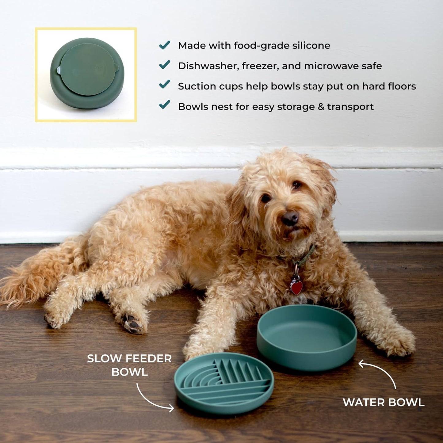 Slow-Feeder & Water Bowl Set by The Dog Tale | Food-Grade Silicone Dog Bowls, BPA-Free, Dishwasher Safe, Freezer Safe (Forest)