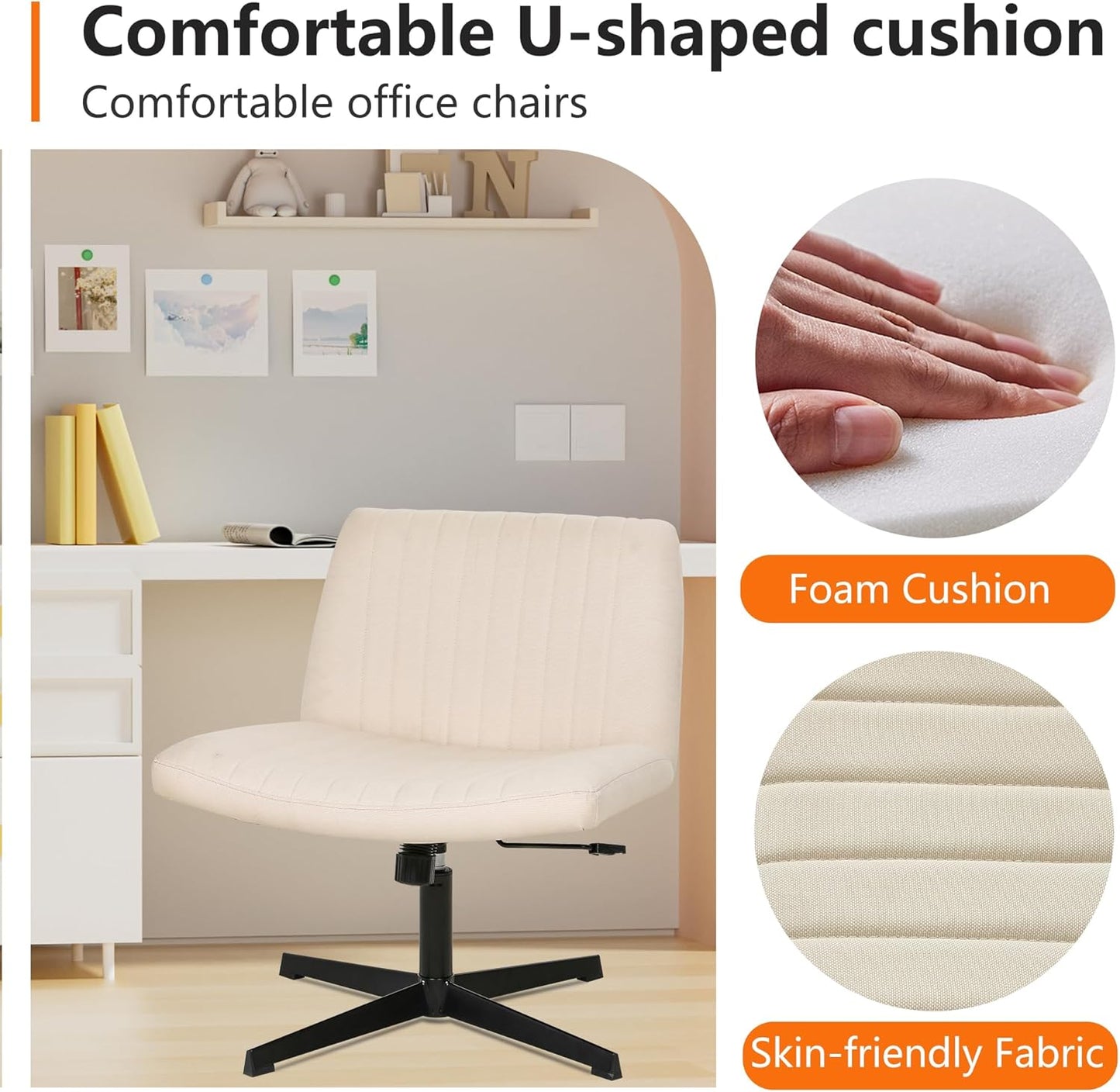 FDW Criss Cross Chair Armless Cross Legged Office Desk Chair Adjustable Swivel Ergonomic Desk Chair No Wheels U Shaped Backrest with Wide Seat Native Sponge Computer Task Vanity Chair for Home Office
