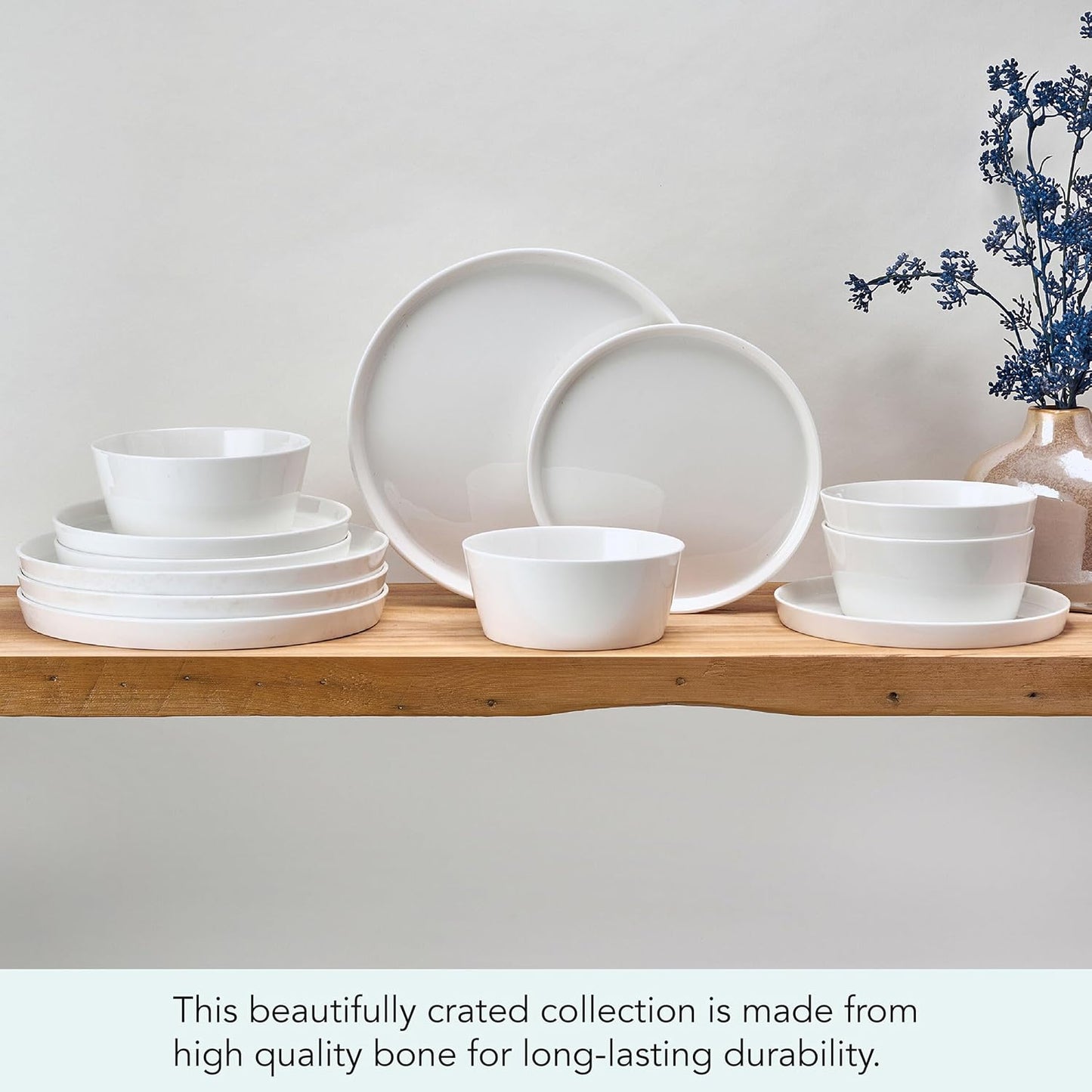 Mikasa Rylee High Rim 12 Piece Bone China Durable Chip Resistant Lightweight Dinnerware Set, Service for 4, White