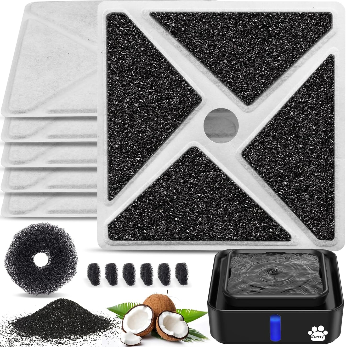 Kastty 14L/3.8Gal Large Dog Water Fountain Replacement Filters 6 Pack, Largest 9", Square Ultrafiltration, More Activated Carbon, Food Grade, 6 Fountain Filters + 6 Pump Filters + 1 Circle Filter