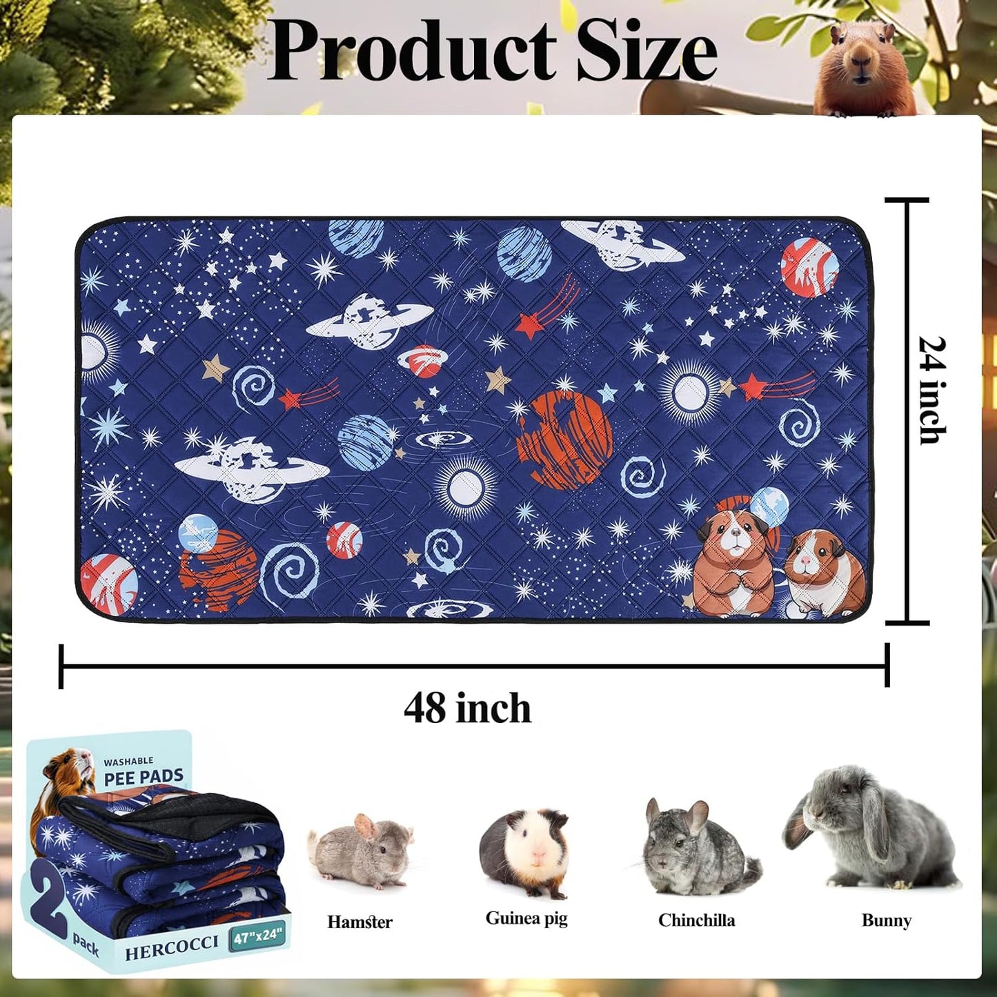 HERCOCCI 2 Pack Guinea Pig Cage Liner, 24"x48" Washable Guinea Pig Pee Pads, Absorbent Bedding Training Mat for Small Animal Guinea Pigs Rabbit Hamster