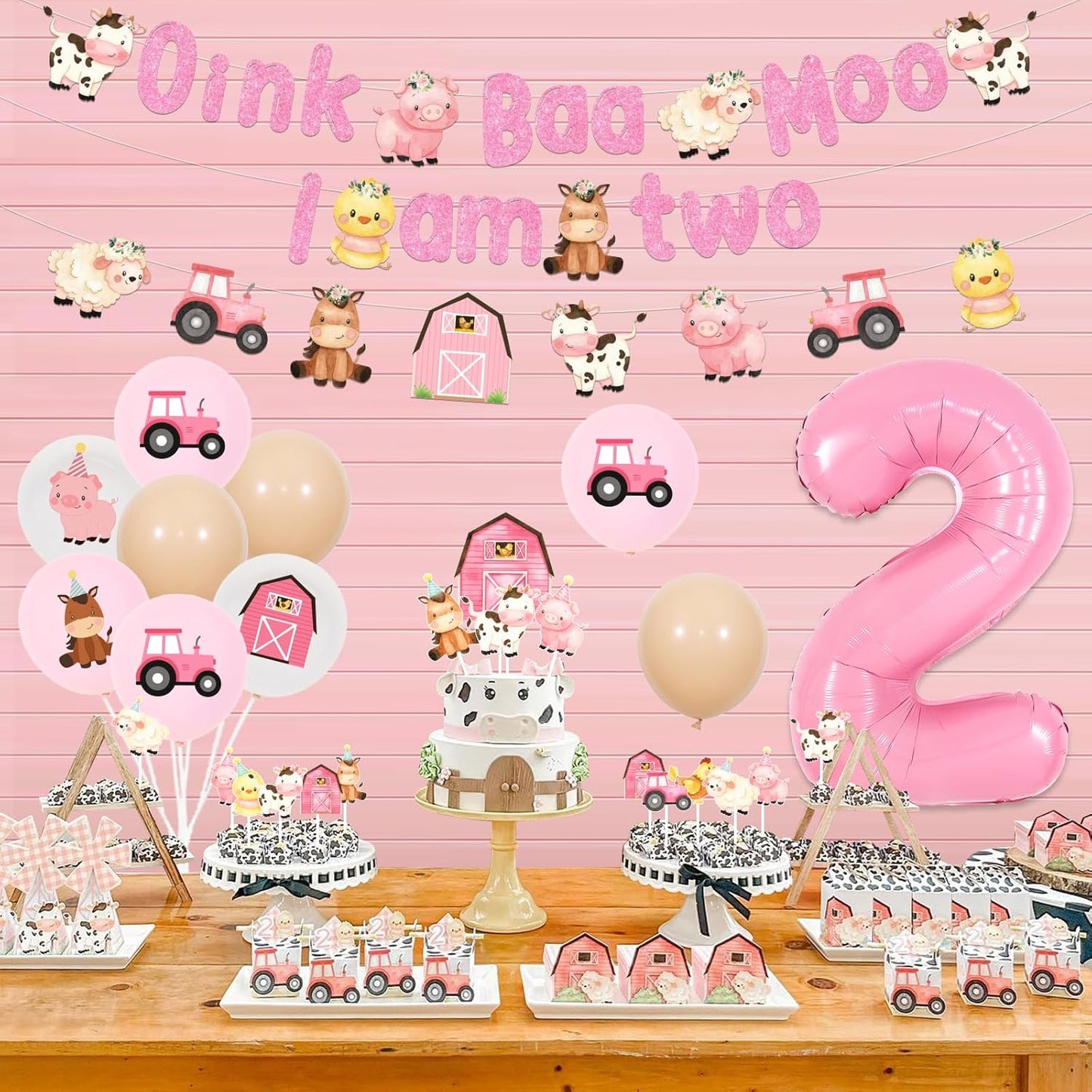 Pink Farm 2nd Birthday Decorations for Girls - Oink Baa Moo I’m Two Farm Animal Theme Birthday Party Supplies with Banner Garland Balloons Cake Toppers Cupcake Toppers