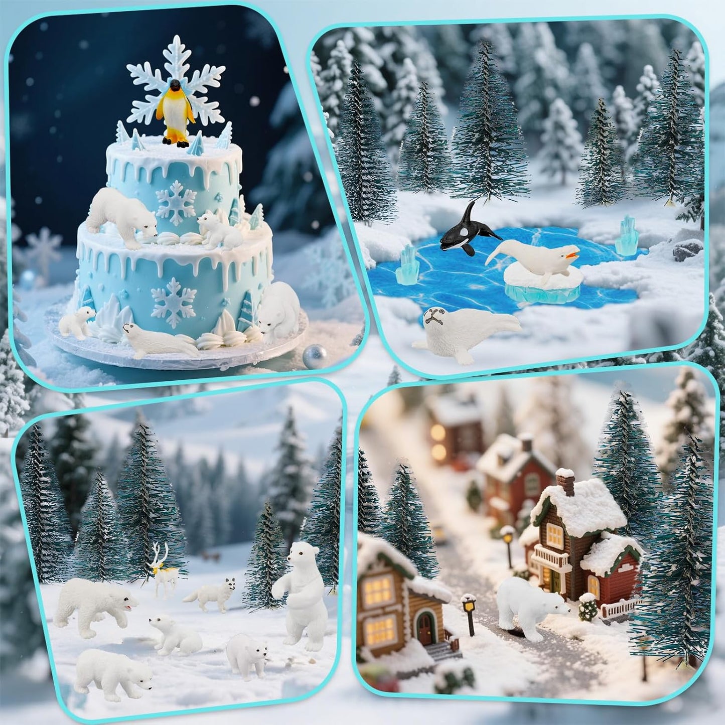 Warmtree 46 Pcs Arctic Animals Figurines Set Includes 22 Polar Bear Penguin Animals Figurines 6 Mini Pine Trees 18 Artificial Lceberg Fake Snow Ripple Water Sticker Ocean Habitat Diorama Supplies