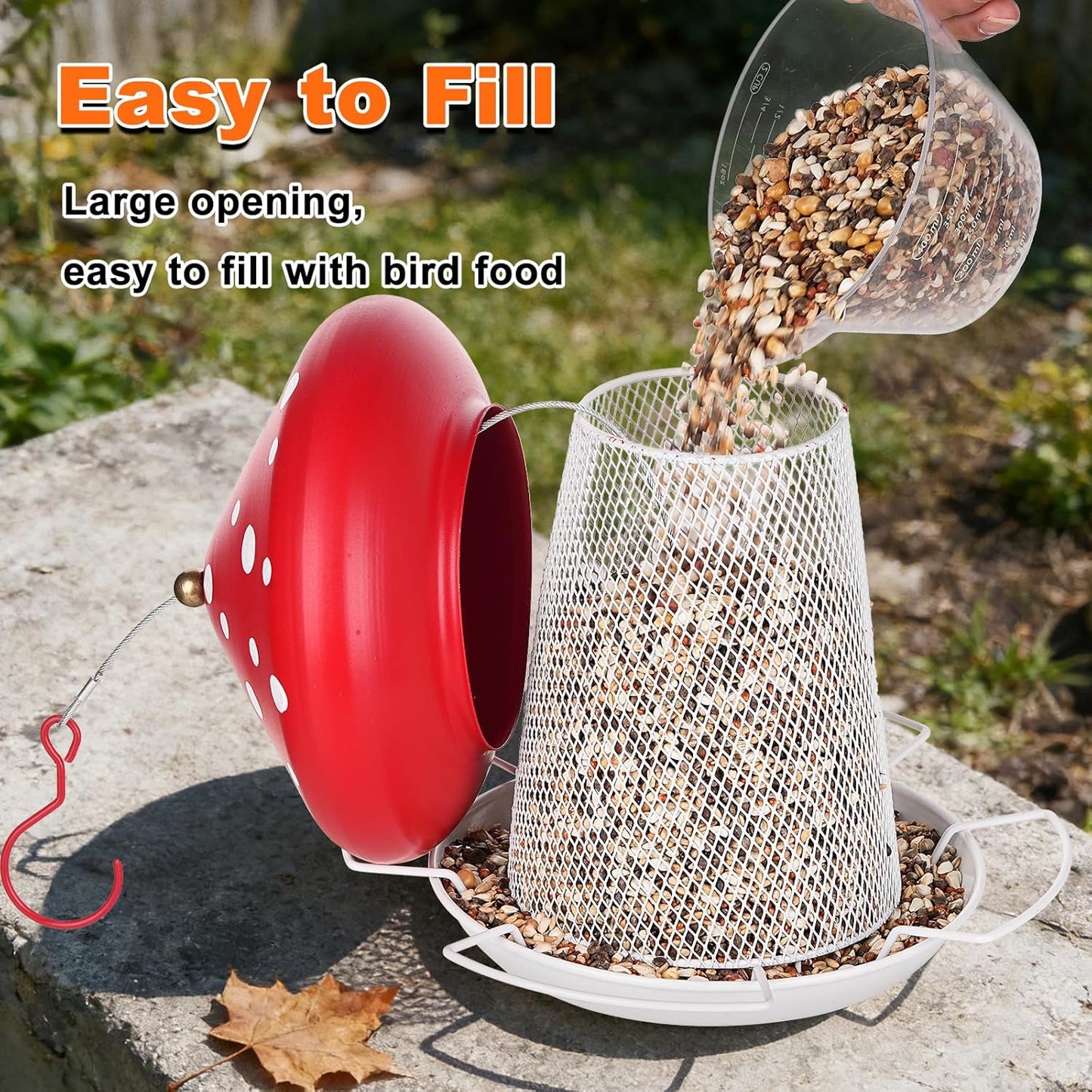 Bird Feeder, Heavy Duty Metal Bird Feeders for Outdoor Hanging, Cute Mushroom Shape Wild Birdfeeder for Outside Garden Yard (Red)