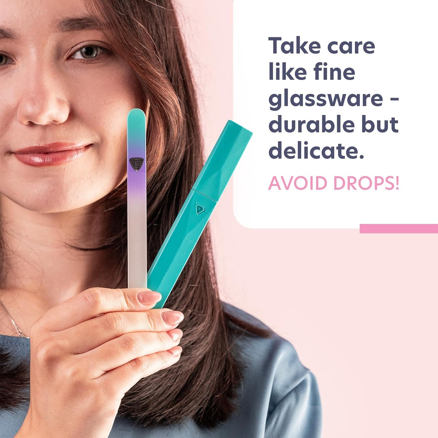 Glass Nail File with Case, Czech Glass Fingernail Files, Manicure Nail File for Natural Nails, Expert Precision Filing + Smooth Finish - Bona Fide Beauty Premium Nail Filer (Pastel Aqua Violet)