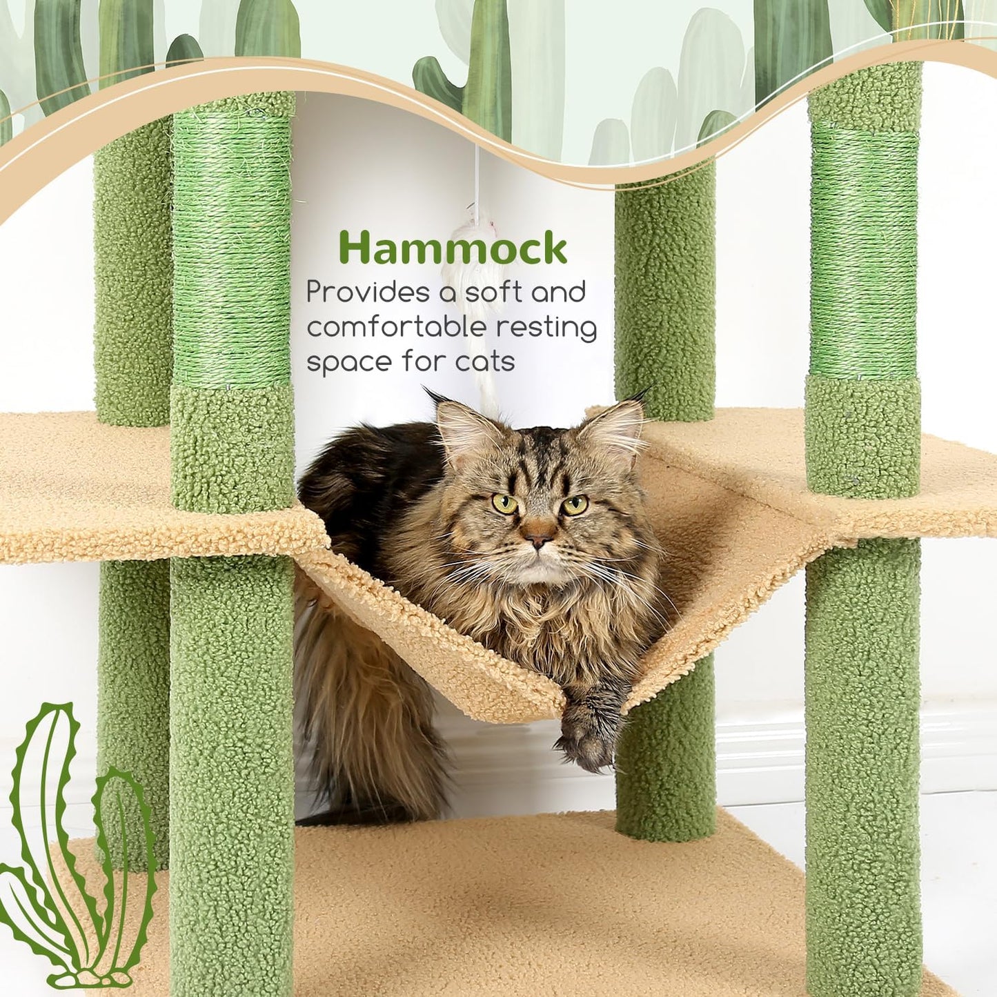 Globlazer Cactus Cat Tree Tower 76-Inch Extra Tall Multi-Level Cat Furniture with Cozy Condos,Interactive Toys and Perches for Large Cats, Perfect for Climbing, Scratching, and Play, F76, Green