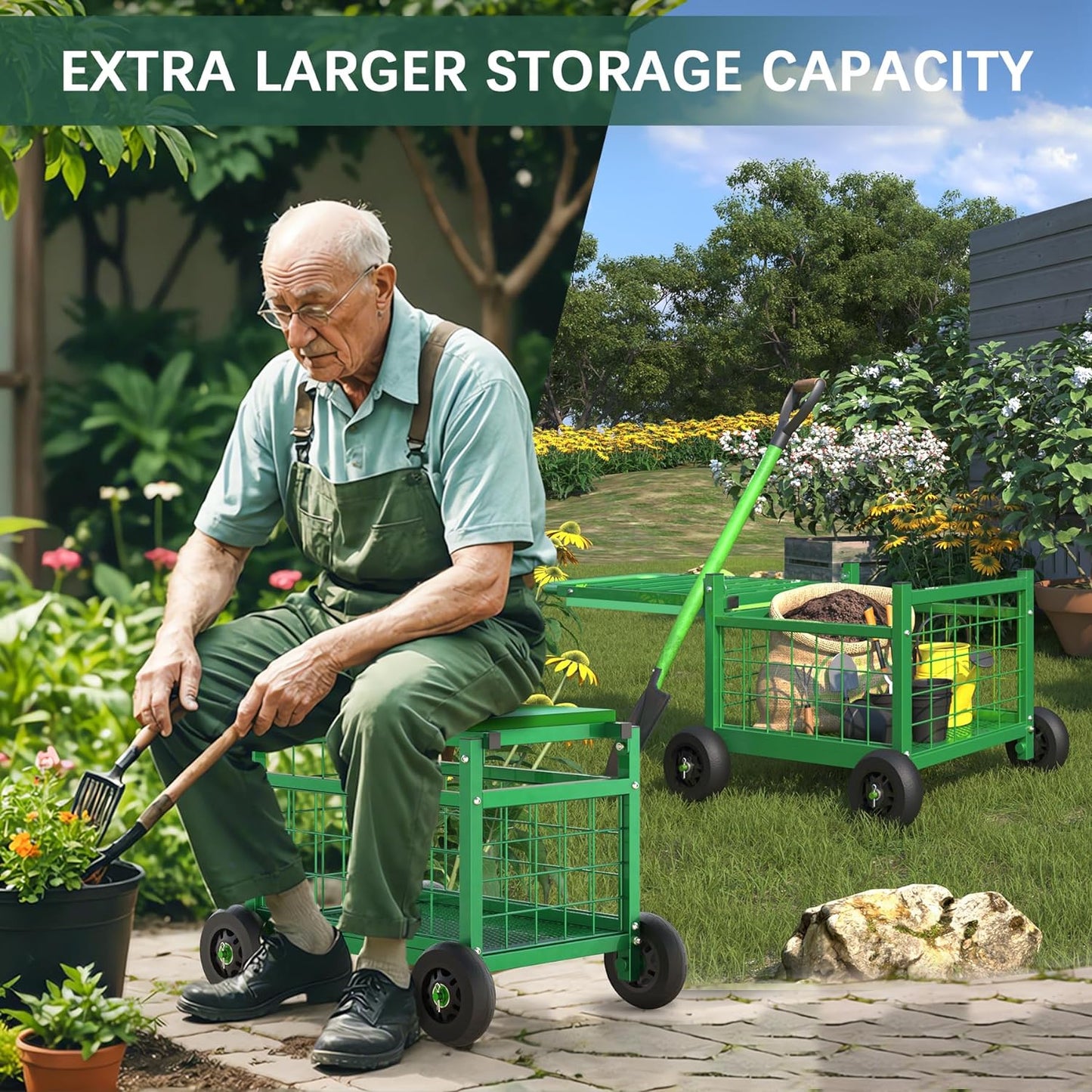 FLINTER Rolling Garden Work Seat with Wheels, Upgraded Heavy Duty Gardenning Cart with Seat - Garden Rolling Stools with Wheels for Seniors, Lawn, Patio & Backyard Gardening, Green