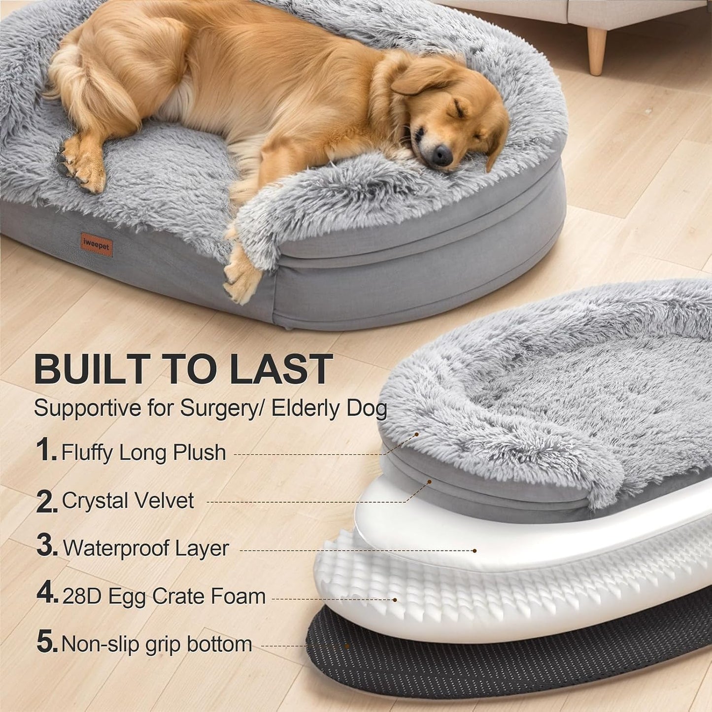 Fluffy 3.7 inch Thickened Orthopedic Dog Beds for Large Dogs, Supportive Dog Sofa Bed with 28D Egg-Crate Foam, Removable Washable Plush Cover, Waterproof Lining, Cozy Oval Design, Grey