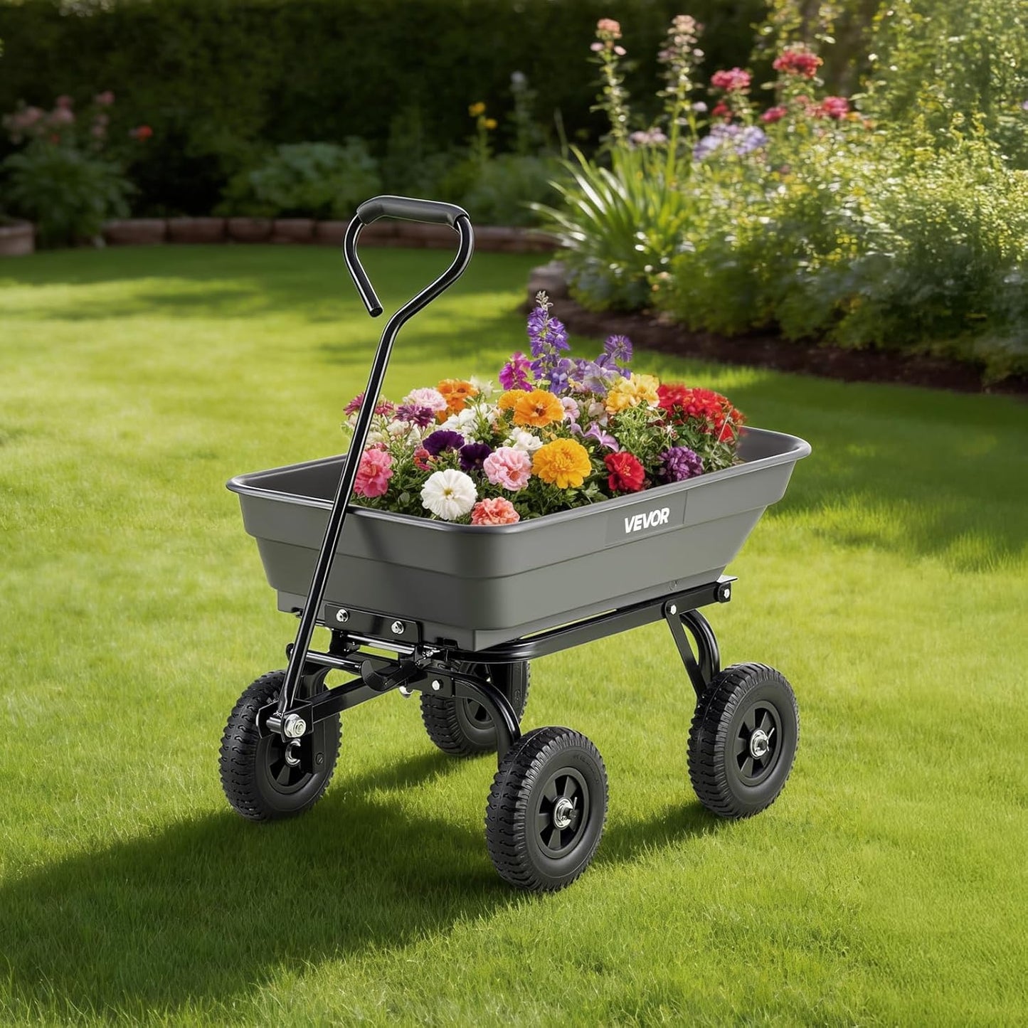 VEVOR 400LBS Wheelbarrow, Poly Garden Dump Cart Wagon with 8" Flat Free Tires, Heavy Duty Wheel Barrow Yard Cart Dump Wagon with Quick-Release System