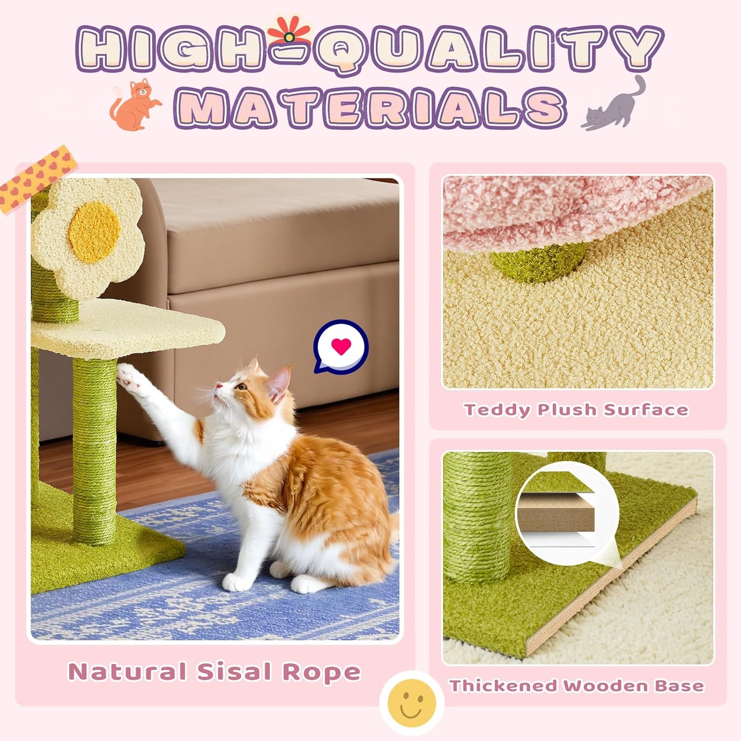 Erinnyees Flower Cat Tree, 38.2 Inches Cat Tower, Multi-Level Indoor Kitty Tree Tower, Kitty House with Cozy Top Flower Platform, Spacious Condos, Soft Hammock, Sisal Scratching Post