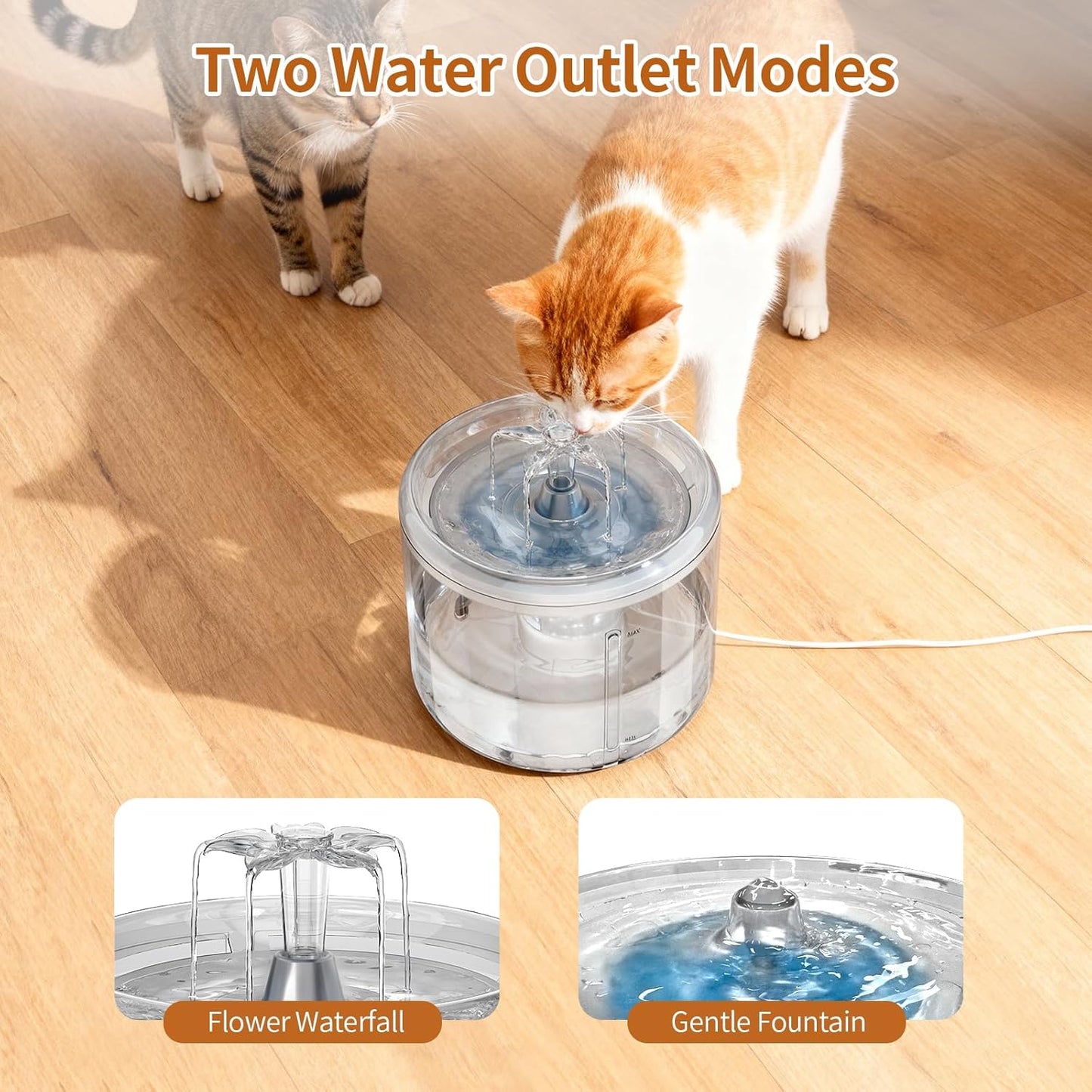 Cat Fountain, 2.6l/87oz Pet Water Fountain Clear Plastic Water Fountains for Cats Indoor with Flower Waterfall Dog Water Fountain Spout with Silent Pump