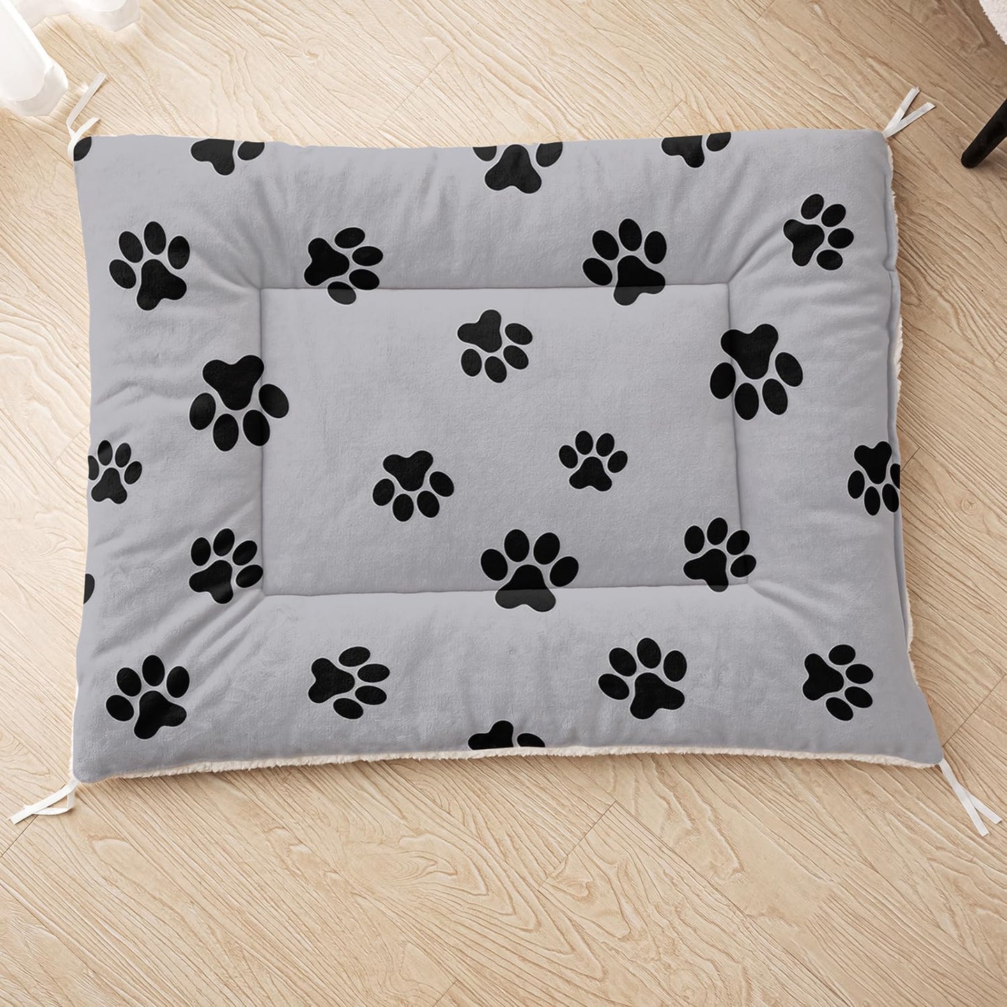 Paw Print Dog Bed Mat - Grey Washable Pet Crate Pad for Dogs & Cats - Soft Fleece Kennel Liner, Home & Travel Cushion (M)