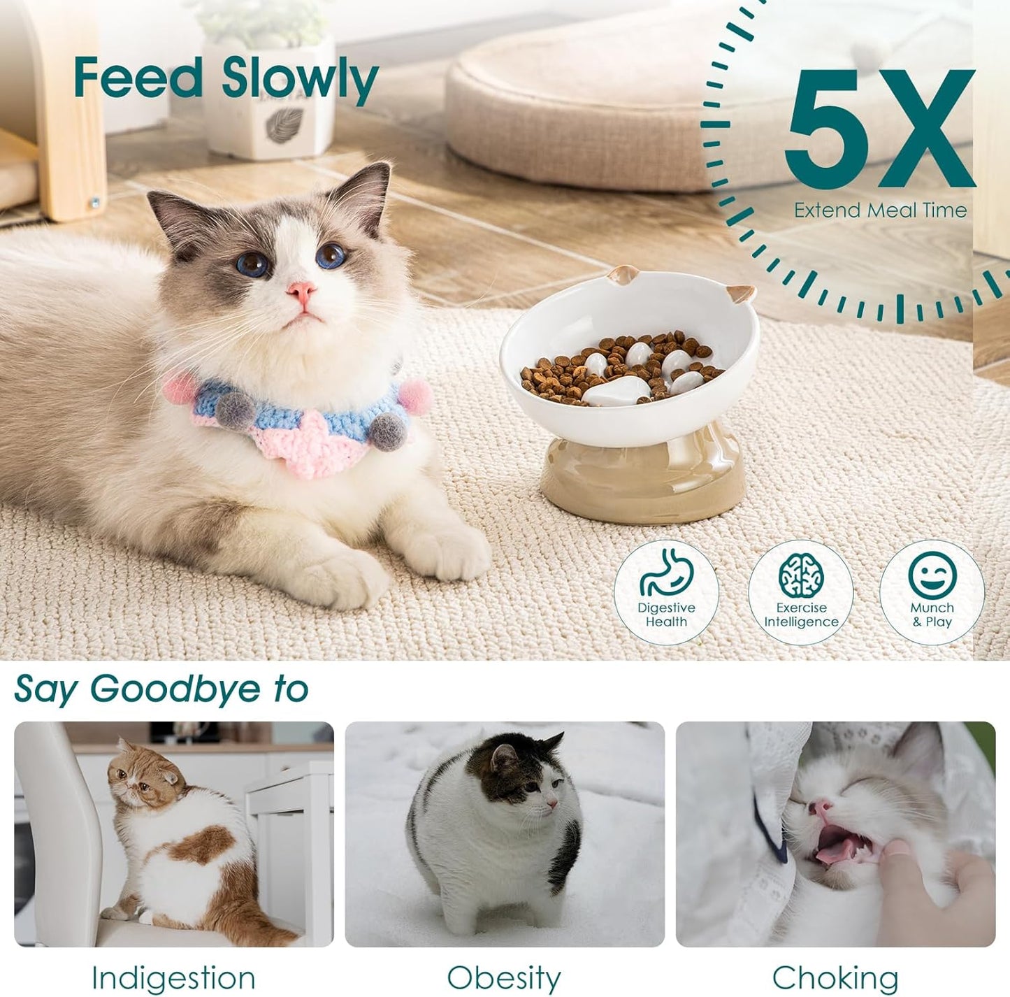 vancasso Raised Slow Feeder Cat Bowls, Ceramic Elevated Cat Bowls Wet Food, Cats Food Bowl Slow Feeder for Indoor Cats (Brown)