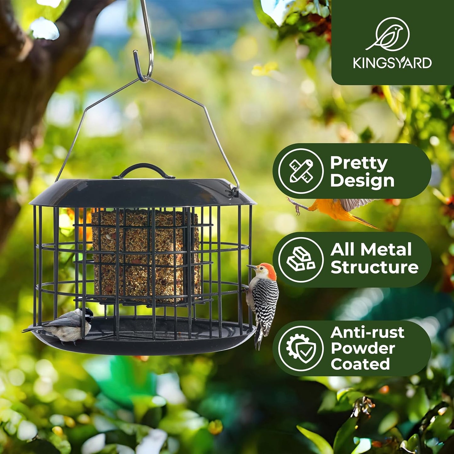 Kingsyard Squirrel Proof Suet Feeder, Cage Bird Feeders for Outdoors Hanging, All Metal, Double Suet Cake Capacity, Tray & Weatherproof, Black