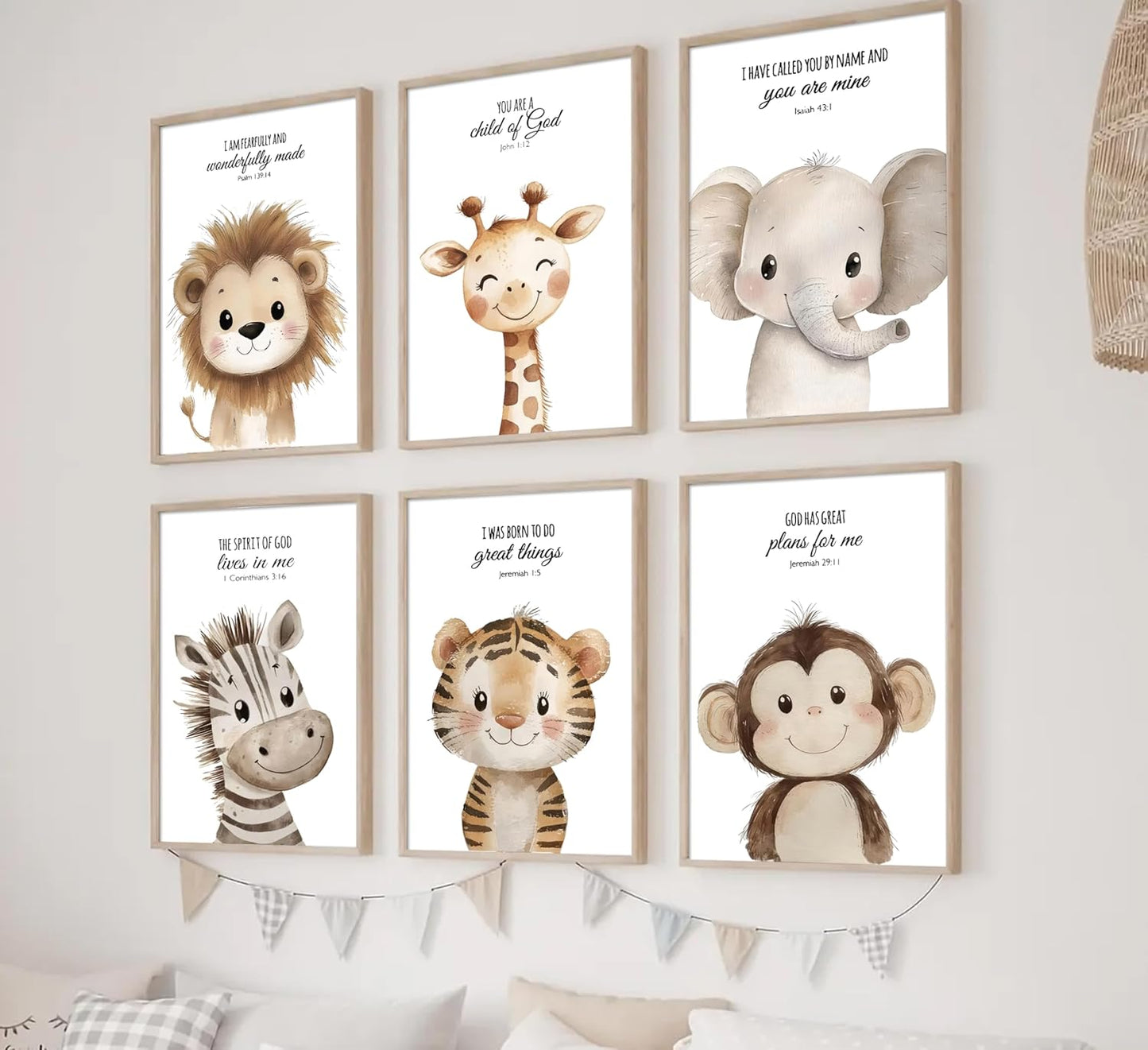 6Pcs Nursery Bible Verse Animal Wall Art Cute Woodland Animals Christian Picture Wall Decor Lions Elephant Giraffe Poster Print Artwork for Classroom BabyBedroom Boys Girls Home Decoration Unframed