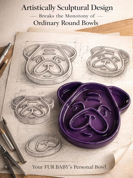 Art Ceramic Slow Feeder Pug Shape, 1.5 Cups Dog Bowl for Small & Medium Breed. Bite-Resistant, Dishwasher Safe, Maze Design to Prevent Fast Eating, Bloat, Choking. Gift for Pet Lovers, Purple