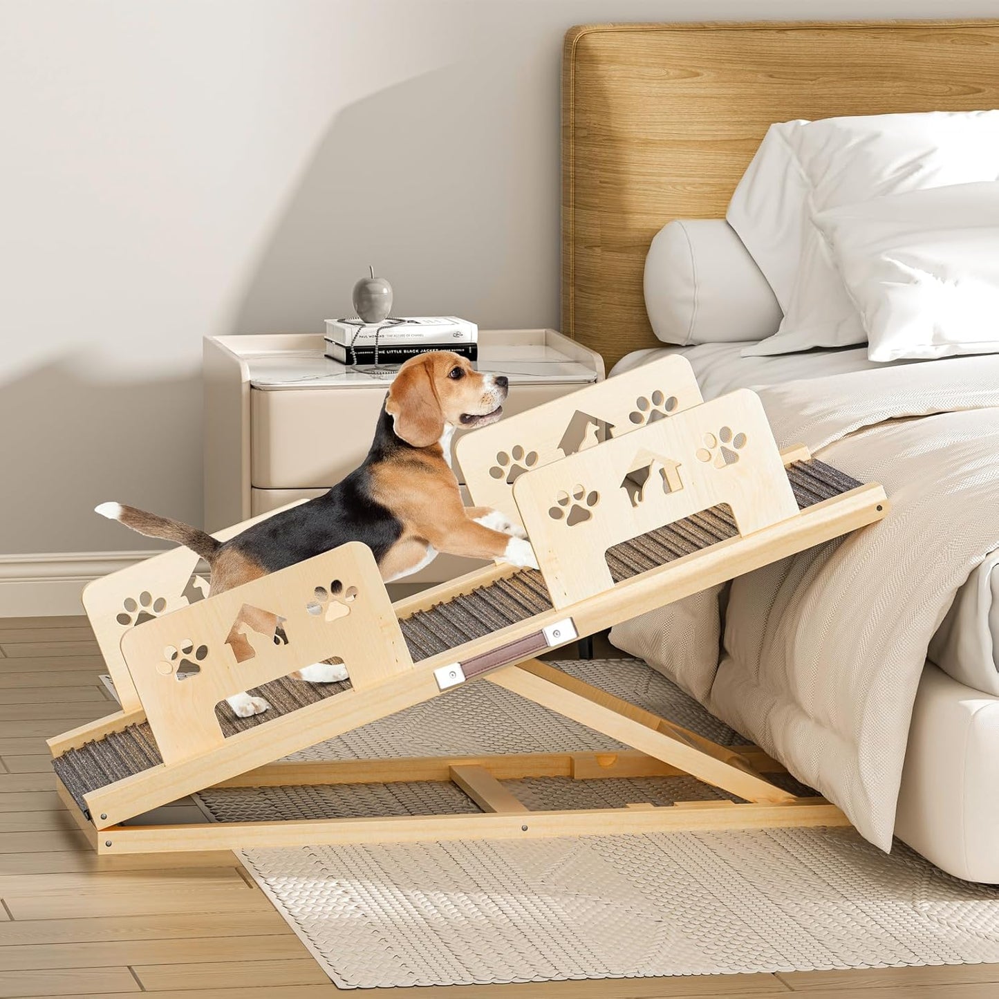 Dog Ramp for Bed 4 Adjustable from 13.8"-22.8" Portable Dog Steps Folding Ramp for Dogs to Get On Bed Wooden Paw Ramps with Anti-Slip Grip & Safety Rails Dog Stairs for High Beds Car Couch