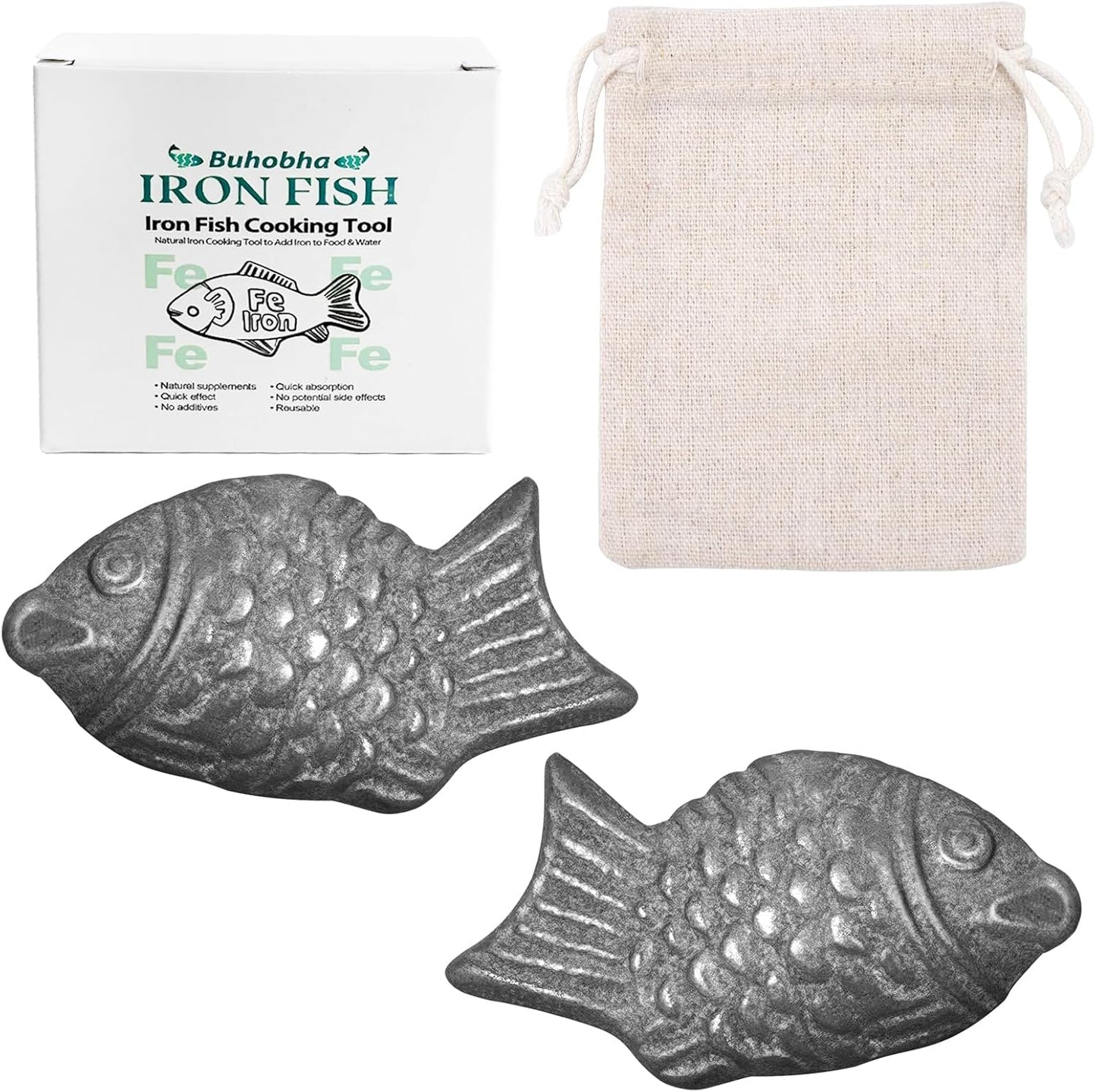 Iron Fish Cooking Tool, Natural Iron Cooking Tool to Add Iron to Food & Water, Safe & Effective Aid for Vegans, Athletes, Pregnant Women and Children (Silver 2Pack)
