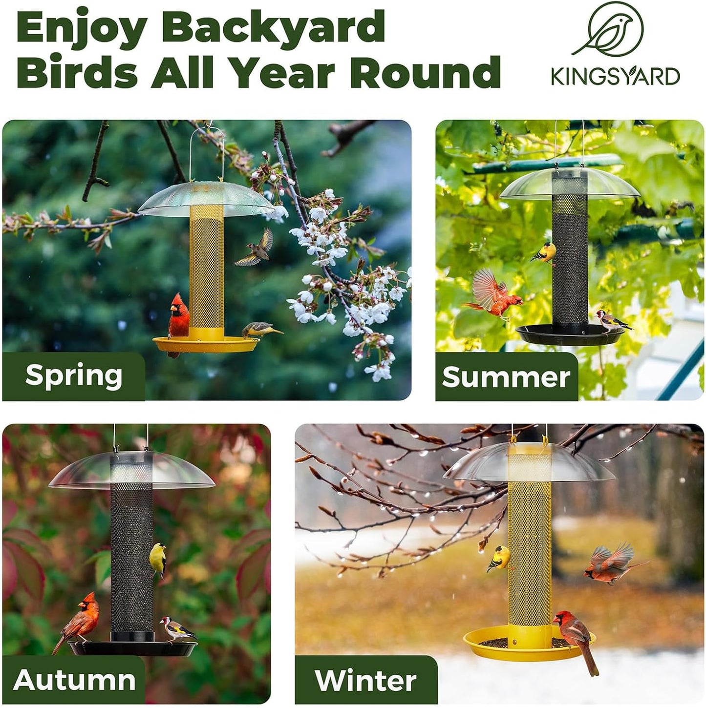 Kingsyard Finch Bird Feeder for Outdoors Hanging, Metal Mesh Tube Bird Feeders for Thistle & Nyjer Seed, Large Removable Tray & Rainproof Dome, 2.5 lbs Seed Capacity, Yellow