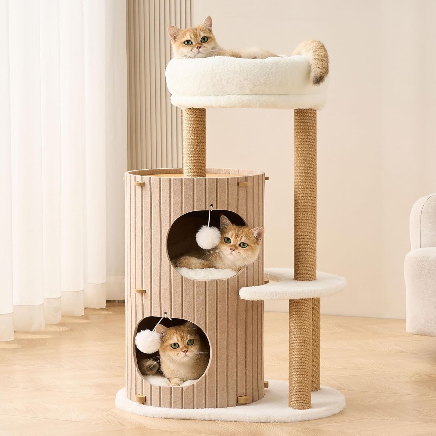 Modern Cat Tree for Indoor Cats Large Adult, 36in H Cat Tree Tower with Scratching Posts, Cozy Cat Bed Cave, Washable Cushions, Dangling Balls, Play&Nap Cat House Condo for All Breeds, Brown