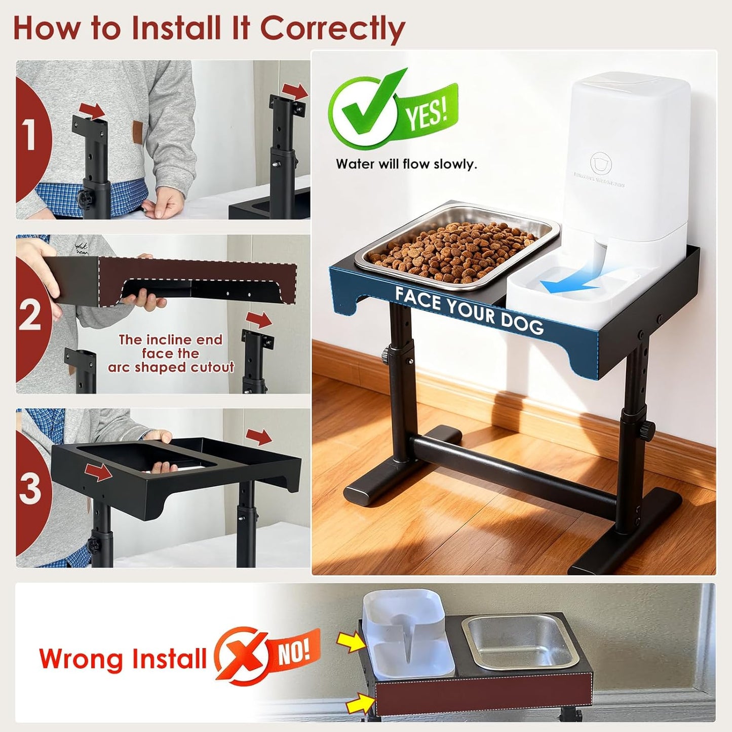 Elevated Dog Bowls with Water Dispenser and 304 Stainless Steel Bowl, Adjustable to 6 Heights, 2.75" to 14.6", Raised Dog Food Bowls for Small, Medium & Large Sized Dogs, Tilted Angle