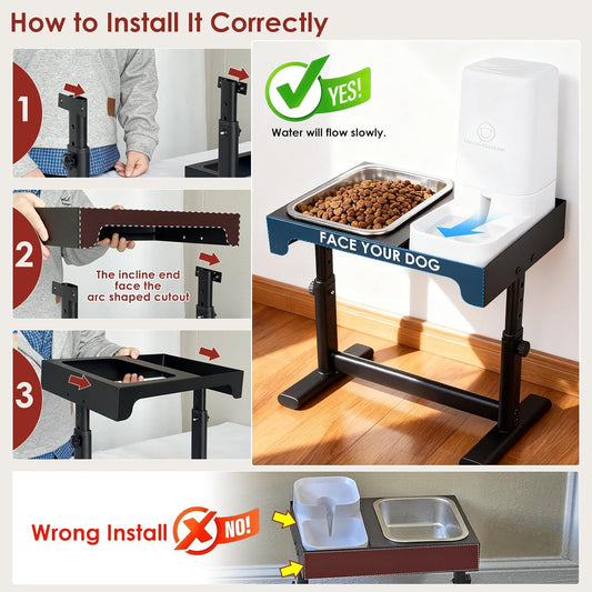 Elevated Dog Bowls with Water Dispenser and 304 Stainless Steel Bowl, Adjustable to 6 Heights, 2.75" to 14.6", Raised Dog Food Bowls for Small, Medium & Large Sized Dogs, Tilted Angle