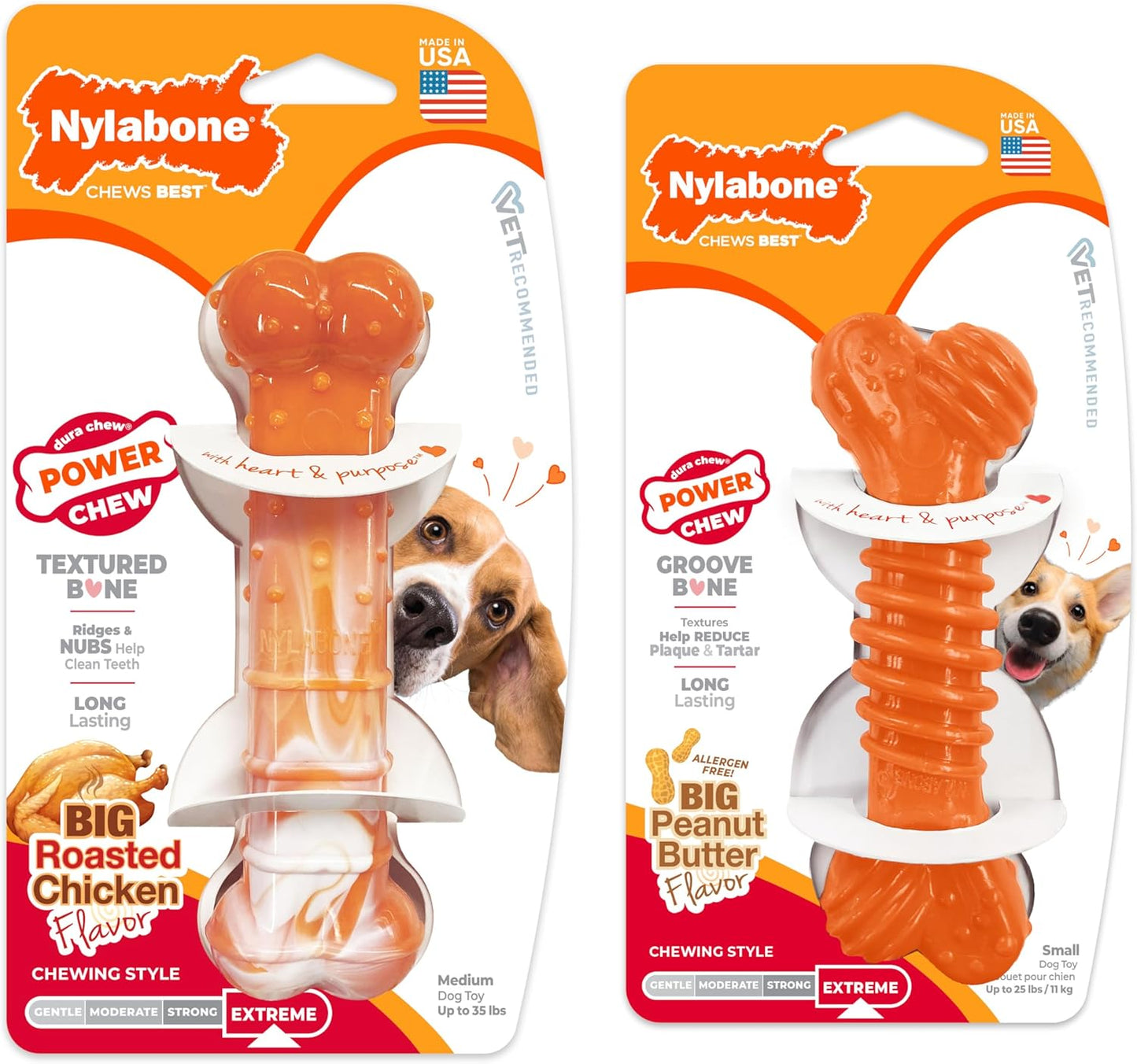 Nylabone 70th Birthday Textured Bone & Groove Bone Power Chew Toys for Dogs, Tough Dog Toys for Aggressive Chewers, Chicken & Peanut Butter Flavor, Small Dogs - Up to 25 lbs, 2 Pack