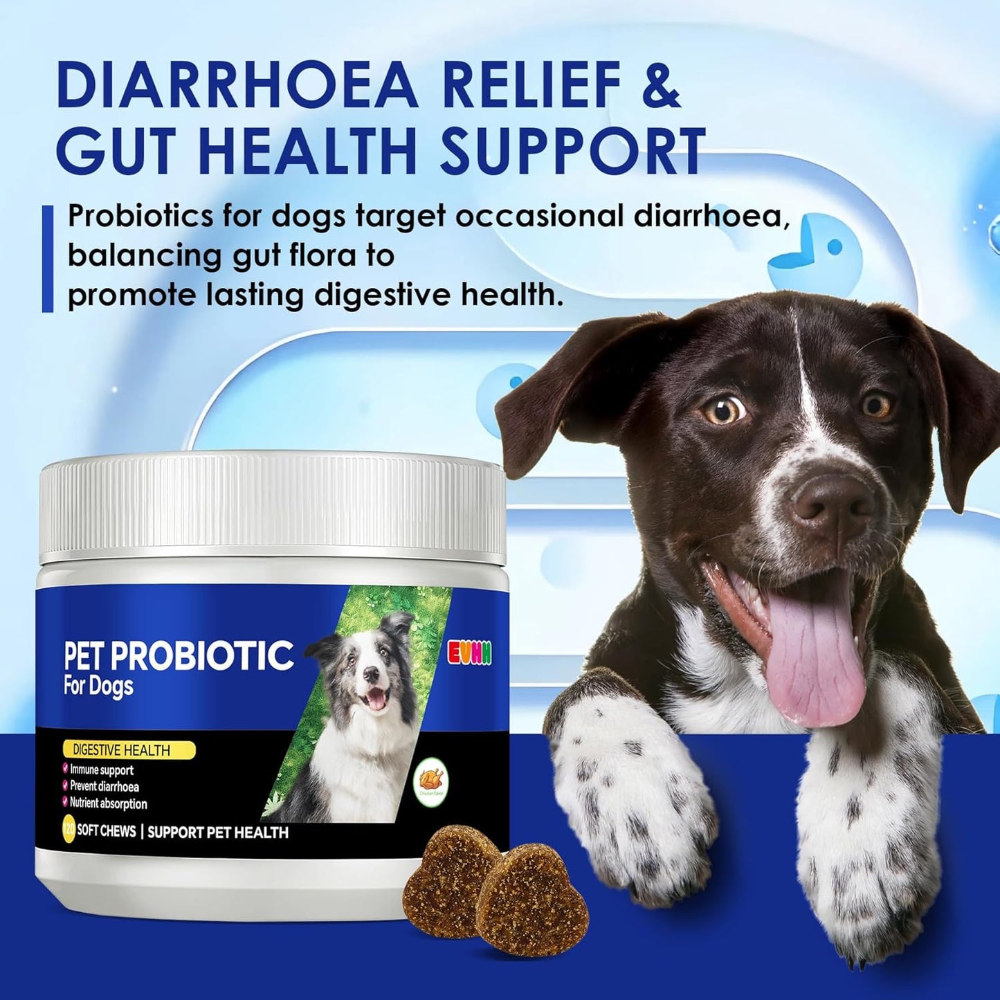 Probiotics for Dogs with Digestive Enzymes & Prebiotics - Diarrhoea Relief, Gut Health Support, Immune & Anti-Itch Function, Chicken Flavor, 120 Chews