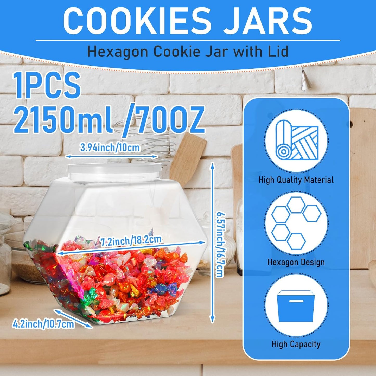Uiifan 1 Piece Plastic Candy Jar with Lid Clear Fish Bowls Cookie Jar Hexagonal Containers for Snacks, Dog Food, Desk Pet, Craft and Sewing Supplies, Coffee Pod, Laundry Pod Storage Display(70 oz)