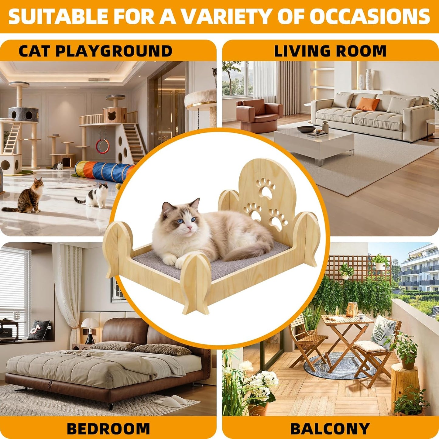 Solid Wooden Cactus Cat Bed with Paw Print Carvings, Space-Saving for Small Apartments, Studios & Rental Homes, Cute Decorative Cat Furniture for Indoor Cats & Kittens