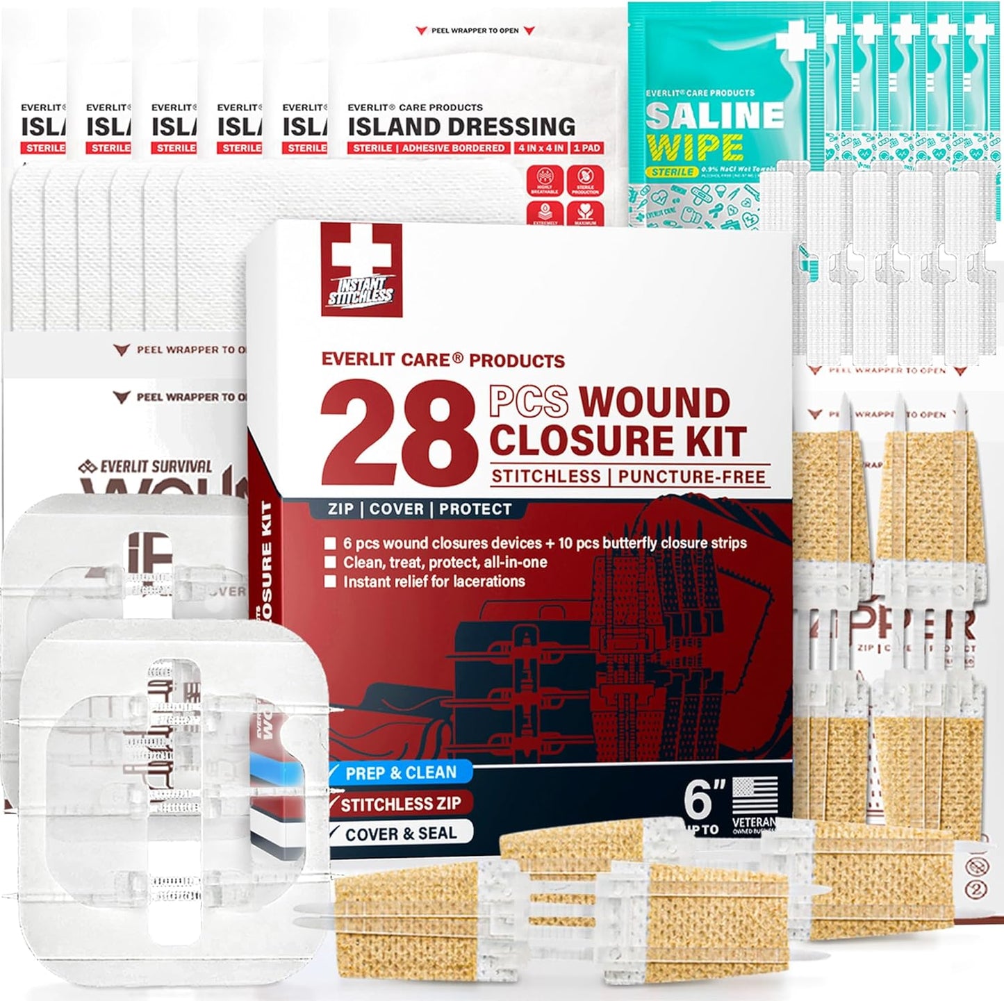 Wound Closure Kit | 28 Pcs All-in-One First Aid with Suture-Free, Stitchless Zip Devices, Butterfly Bandages, for up to 6" Wounds | 100% Sterile Medical Supplies to Clean, Cover & Heal