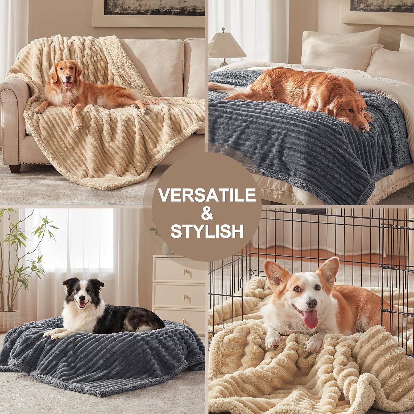 Waterproof Dog Blanket for Large Dogs, Washable Soft Puppy Cat Blanket Flannel Cotton Velour for Sofa Couch Protector, Comfort & Security Reversible Bed Protection for Pet, 40"X50", Khaki