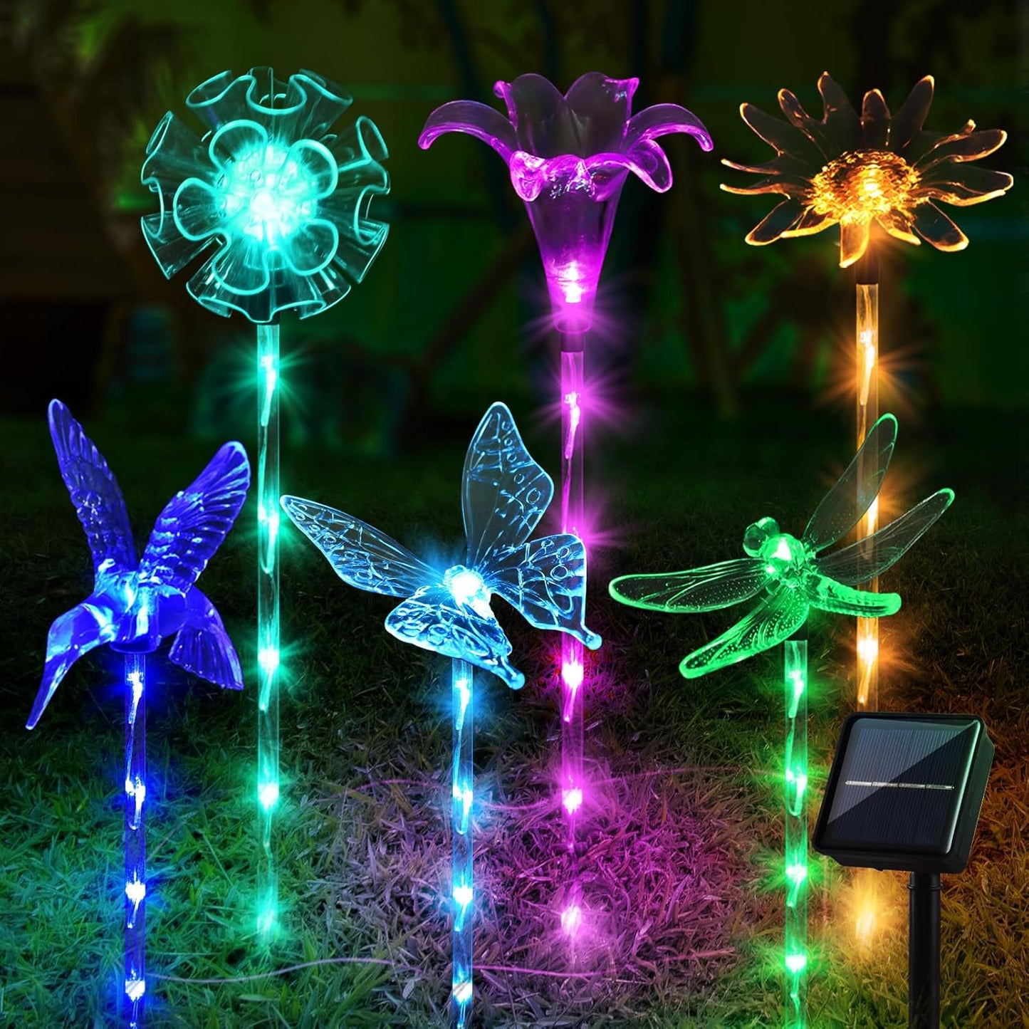Set of 6 Arcylic Solar Lights for Outside, Solar Powered Garden Decorations with 8 Lighting Modes, Outdoor Waterproof Pathway Lights for Yard, Patio Plant Pot, Flower Bed (Mixed)