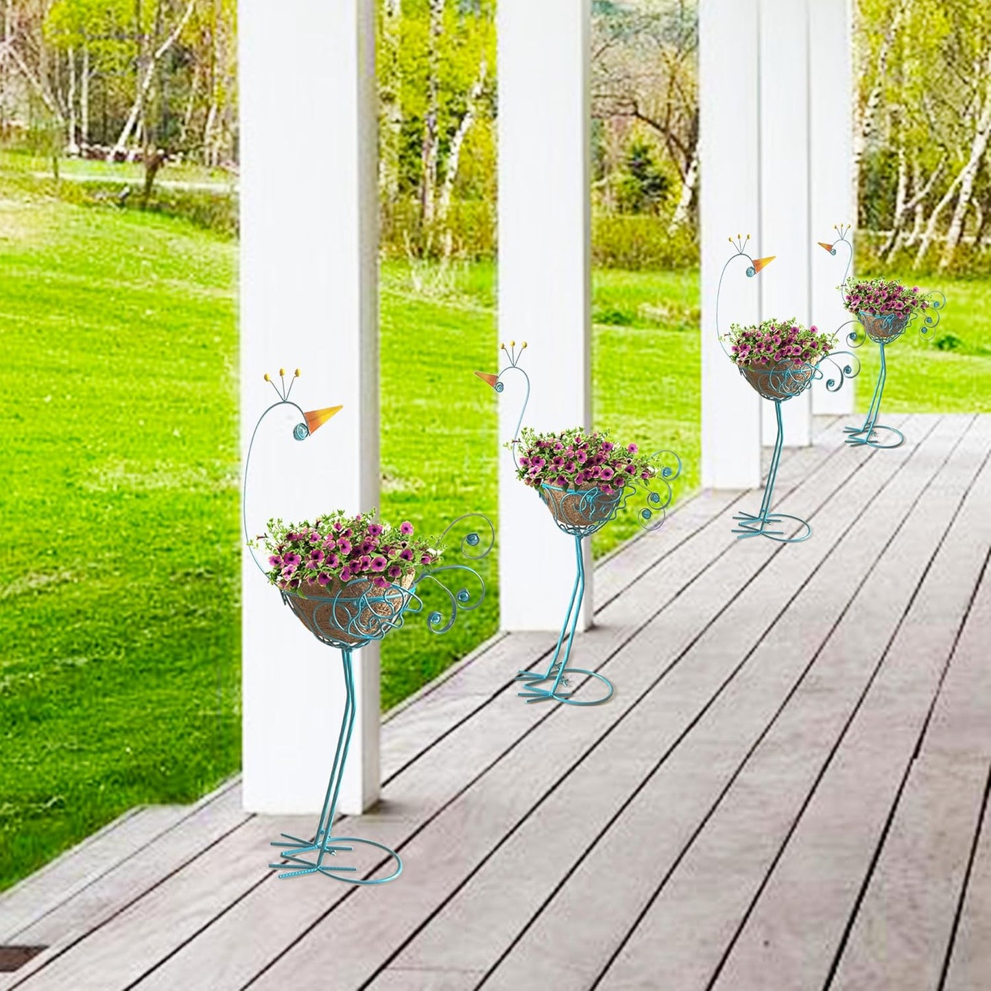 J-Fly Peacock Metal Plant Stand 2 Sets Flower Pots Holders, Planters for Outdoor Indoor Plants with Coconut Pots, Front Porch Garden Balcony Patio Decor for Plant, Valentine Decoration Gifts