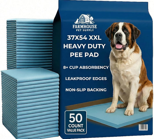 Pee Pads for Dogs Extra Large 37x54 XXL - 50 Count Leak Proof Heavy Duty with Adhesive Tabs – 24 Hour Absorbent Disposable Puppy Training Pads for Large Dog Breeds 6-Layer Non Slip Backing