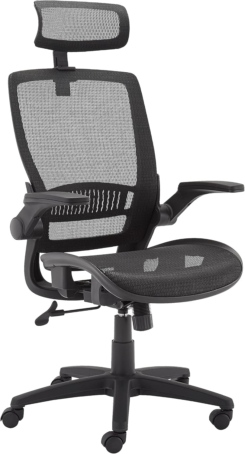 Amazon Basics Ergonomic High-Back Office Chair, Breathable Mesh, 360° Swivel, Easy to Assemble, Comfortable Flip-Up Armrests, 25.5"D x 26.25"W x 49.25"H, Black