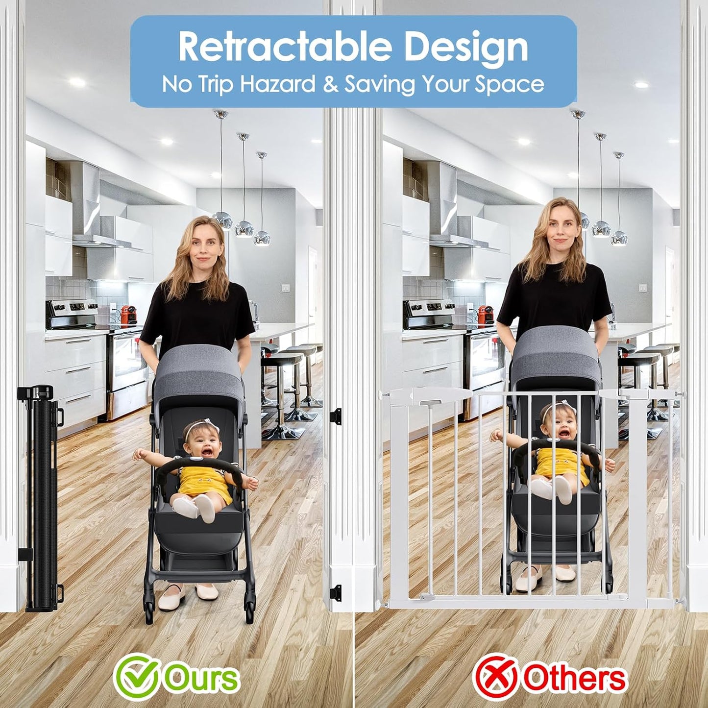 Reinforced Retractable Baby Gates with Support Rods, Extends up to 55” Wide, Retractable Dog Gate for Doorways Prevent Bottom Crawling Through, Mesh Pet Gate for Stairs Indoor Outdoor, Black