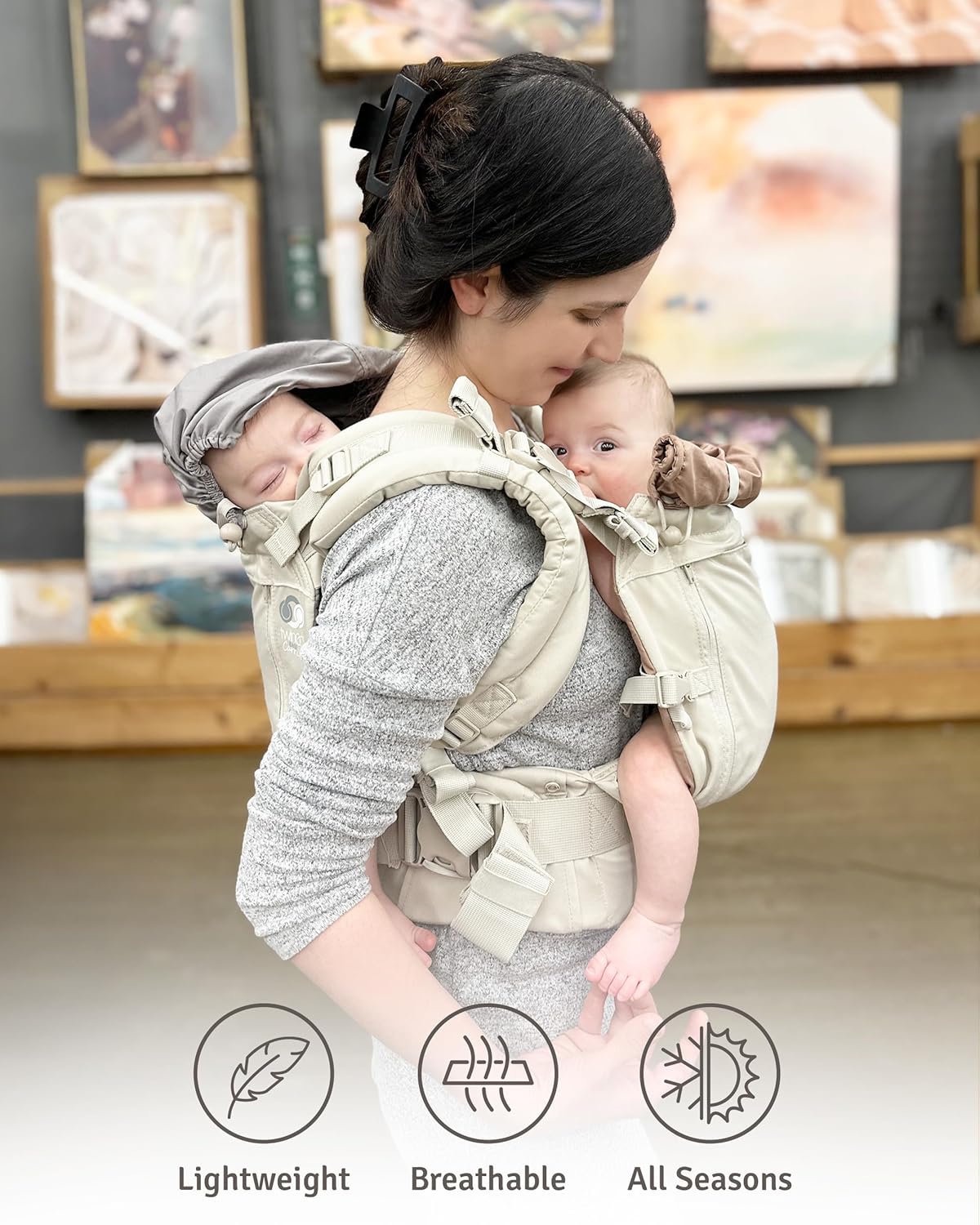 TwinGo Carrier - Breathable Twin Baby Carrier That Separates into 2 Baby Carriers, Adjustable Twin Carriers for Babies and Toddlers (10-45 lbs), Fits Adults XS-XXL - Air Model, Simply Neutral