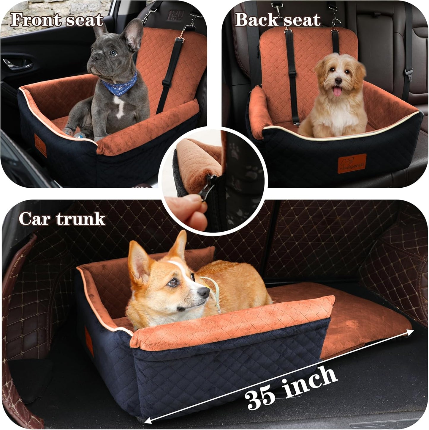 강아지 카시트 침대 2 in 1 최대 15.9kg(35파운드)의 소형/중형견용, 조절 가능한 안전 목줄, 부드러운 원단의 반려동물 여행용 자동차 침대가 있는 메모리 폼, 앞좌석과 뒷좌석에 쉽게 설치, 탈착식 및 세탁 가능.