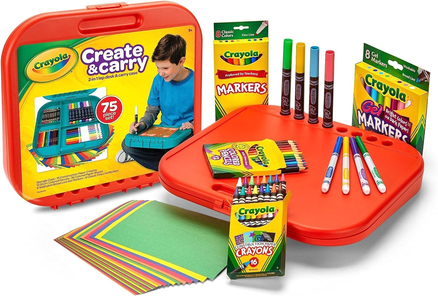 Crayola Create 'N Carry Travel Art Set for Kids (75pcs), 2-in-1 Lap Desk & Carrying Case, Essential Easter Basket Stuffers, Art Supplies Kit, Spring Crafting, Gift for Kids