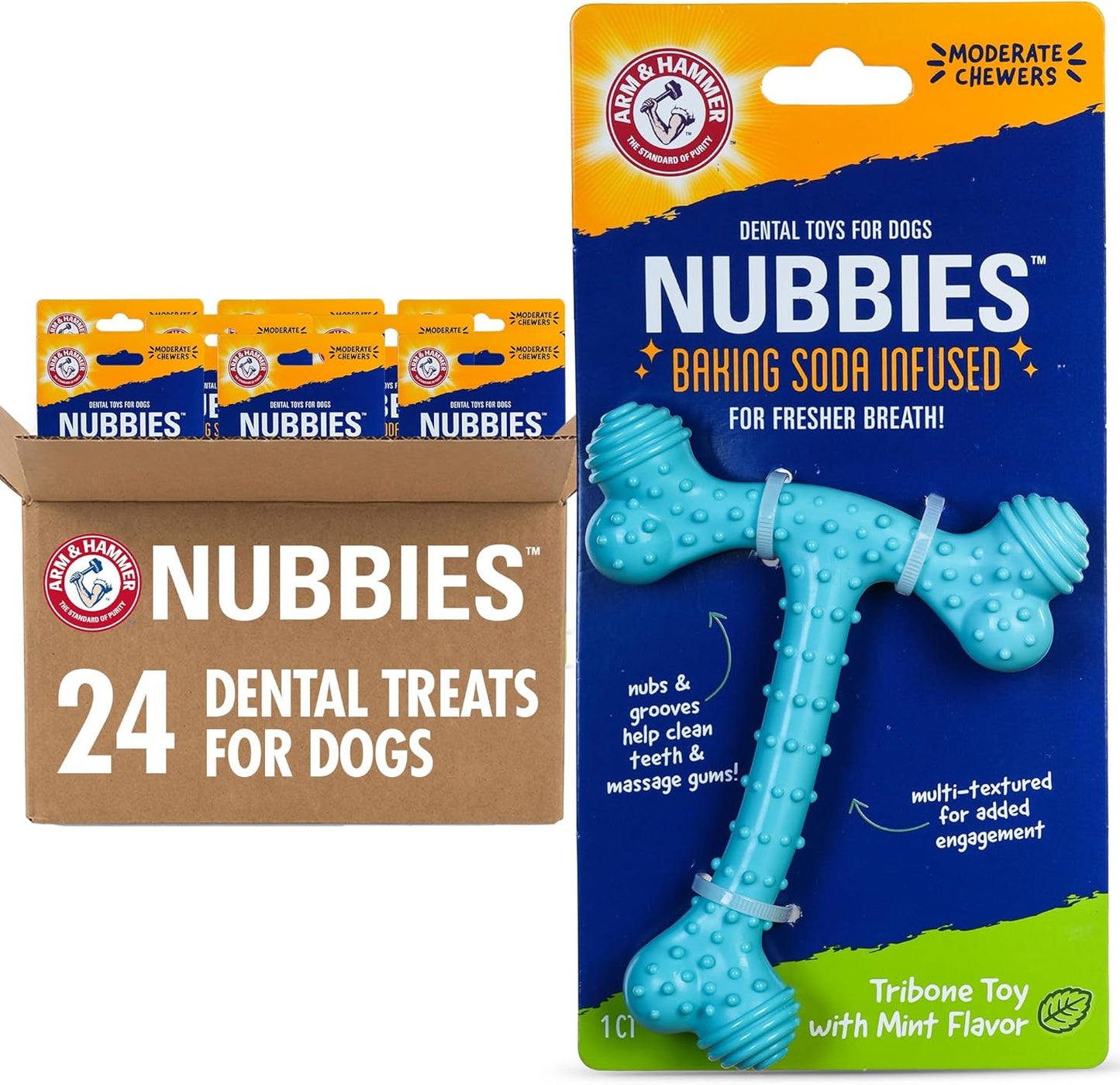 Arm & Hammer Nubbies T-Bone Dental Dog Chew Toy with Peanut Butter Flavor, Textured Chew Toy Designed to Help Clean Teeth and Support Oral Care for Dogs Up to 35 lbs - 24 Pack