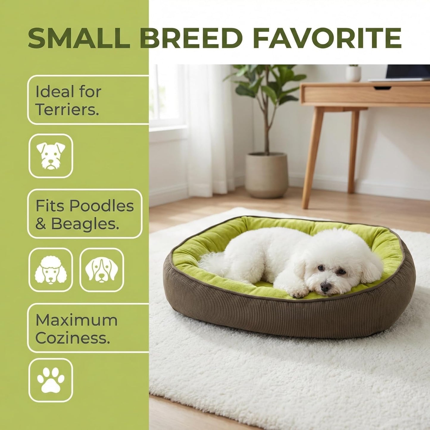 Calming Dog Bed for Medium Dogs 26"x18" - Orthopedic Washable Pet Bed with Anti-Slip Bottom, Indoor Soft Cat Bed with Removable Cover (Lime Green)