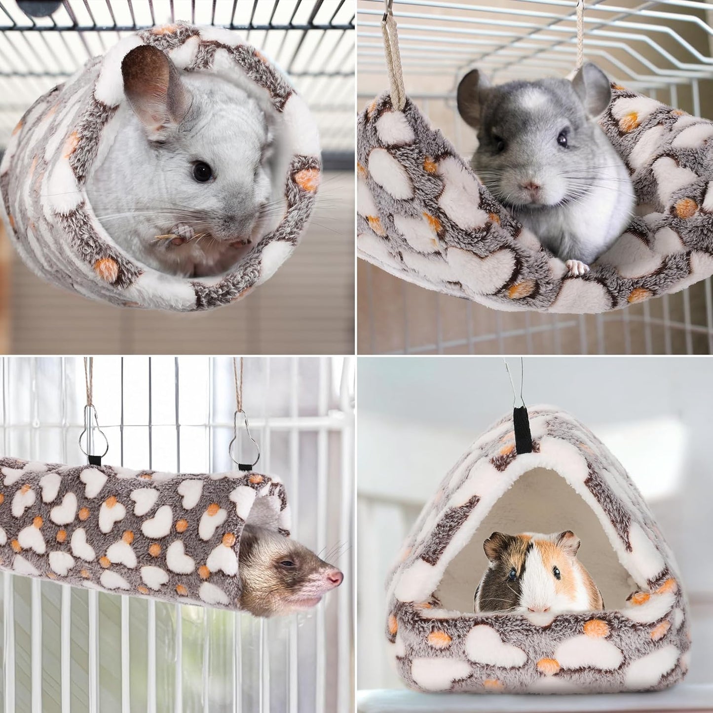 MCEAST 4 Pieces Small Pets Cage Accessories Hanging Hammock Sleeping Bag Tunnel and Bed Hideout Set Warm Sleep Nap Sack Bed for Hamster Ferret Squirrel Rabbit
