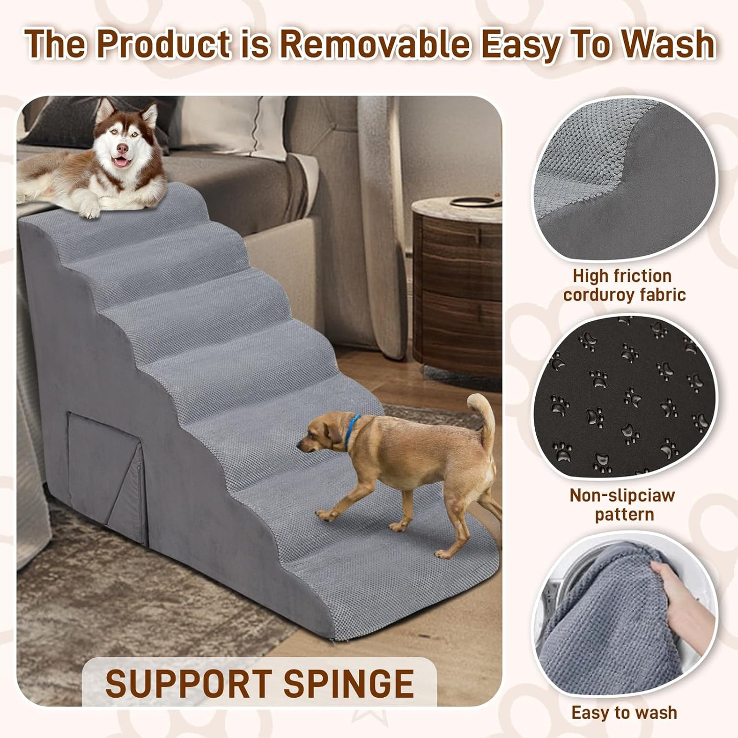 7-Step Dog Stairs for Bed 30-36" H, Dog Steps for High Bed, Pet Steps for Small, Older Pets, Non-Slip Balanced Pet Ramp Indoor, Grey
