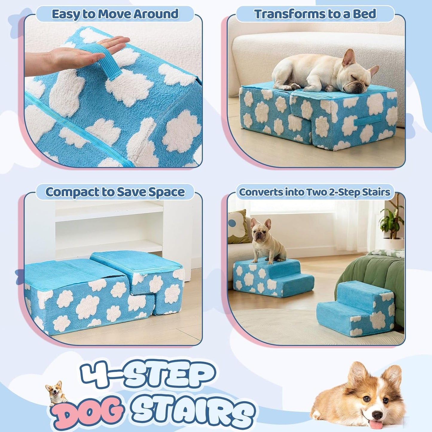 Jetec Dog Stairs for Bed 18" H 4-Step Bottom Foldable Non Slip Foam Dog Pet Stairs 2 in 1 Jacquard Shaggy Plush for High Bed Couch and Sofa Chairs Small Medium Dogs Cats