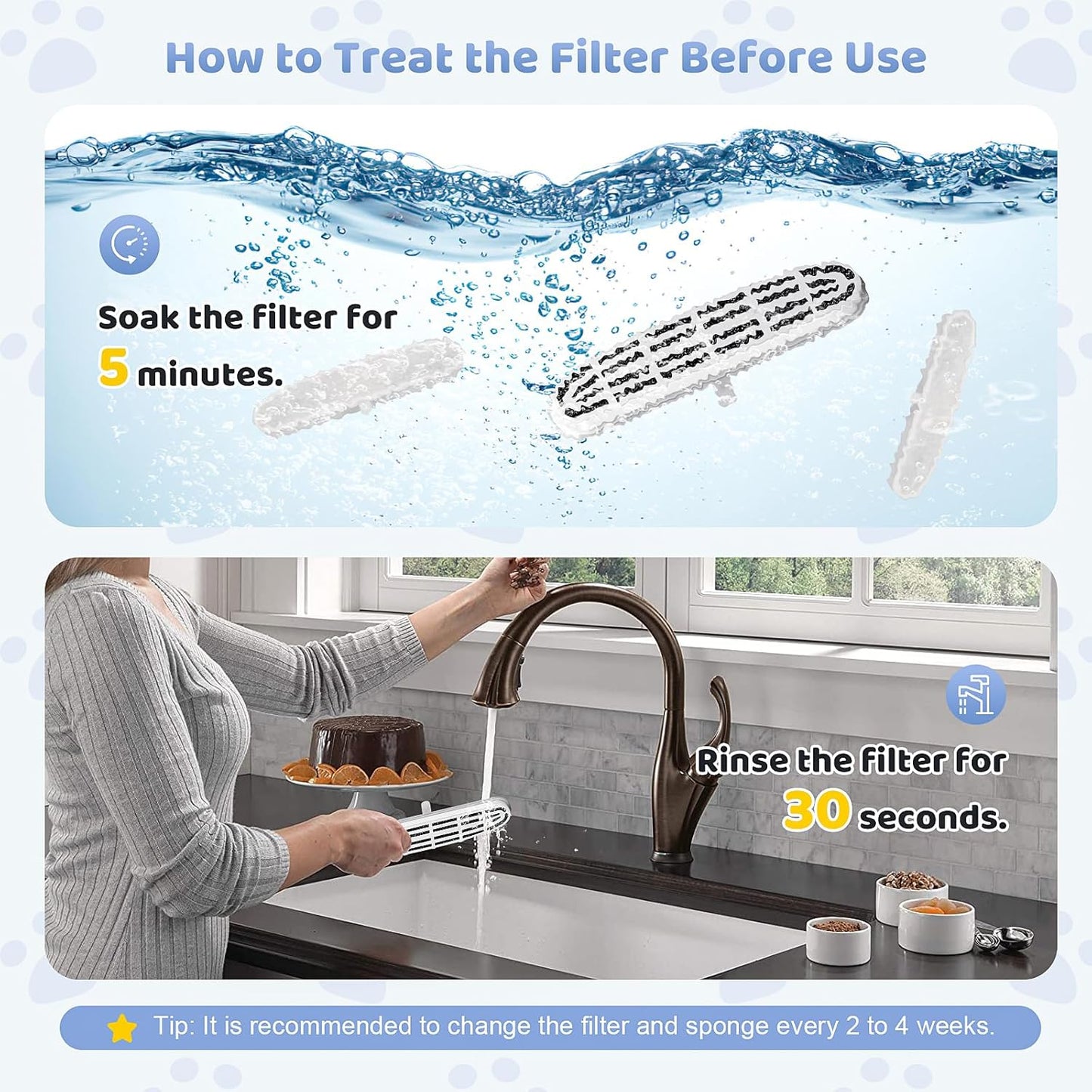 24 Pack (12 Filters & 12 Sponges) Cat Water Fountain Filters Compatible with OPOWO FT999 Cat Water Fountain (3.2L/108oz), Replacement Refills for Stainless Steel Pet Fountain