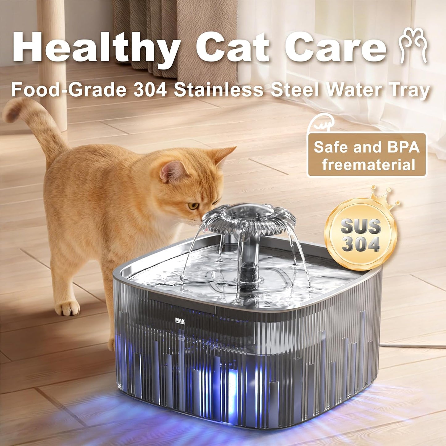 Cat Water Fountain Stainless Steel:77oz/2.2L water fountains for cats indoor - cat water fountain for Drinking -Automatic Cat Watering Bowl Dispenser -Pet Water Fountain Inside with Flower Kitty Spout