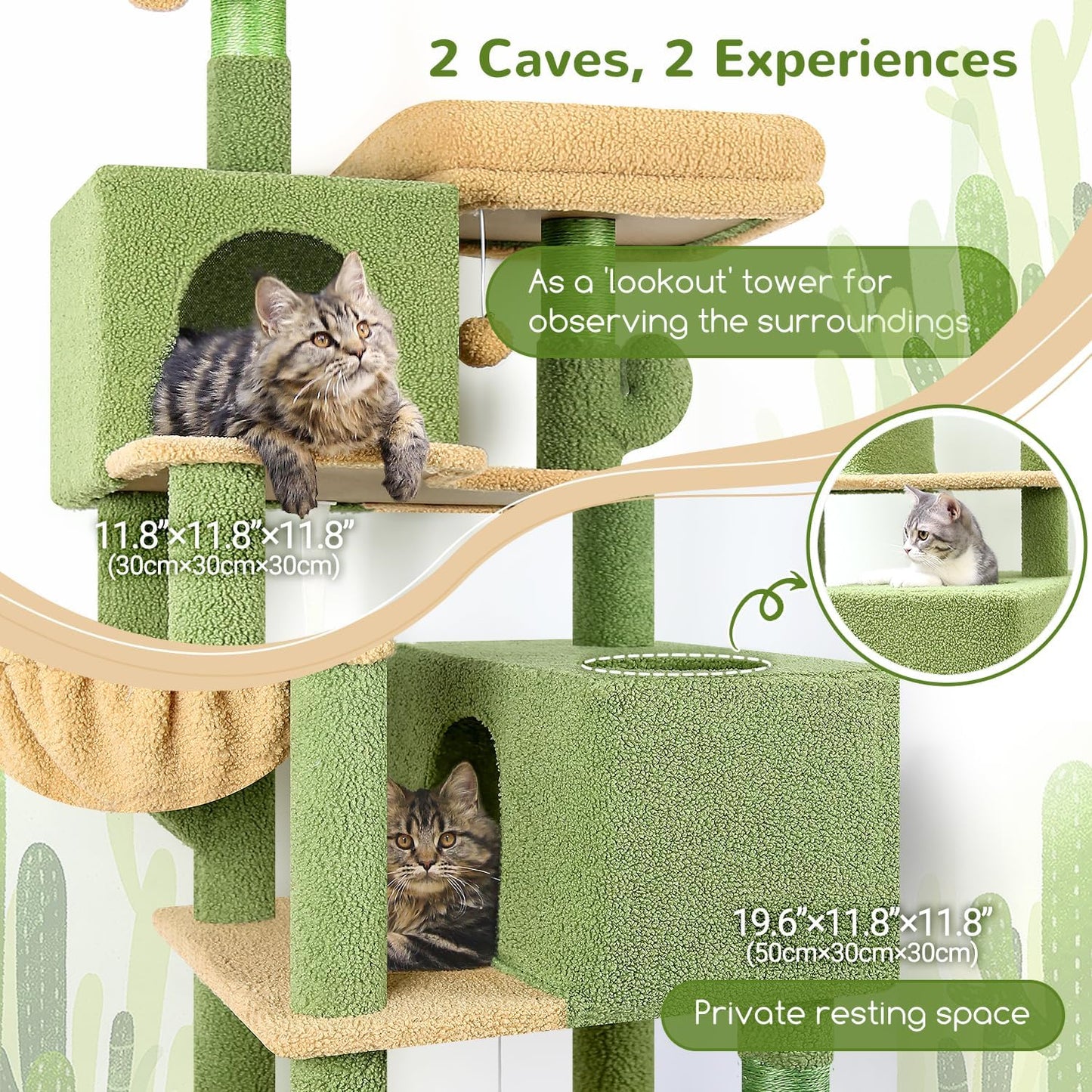 Globlazer Cactus Cat Tree Tower 76-Inch Extra Tall Multi-Level Cat Furniture with Cozy Condos,Interactive Toys and Perches for Large Cats, Perfect for Climbing, Scratching, and Play, F76, Green