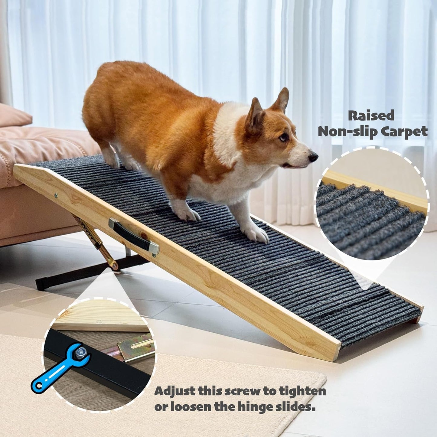 PETKARAY Dog Ramp for Bed, Stepless Adjustment Dog Ramp for Couch, Folding Wooden Pet Ramp for Large Dogs, 47" Long Adjustable Height 9"-24", Natural