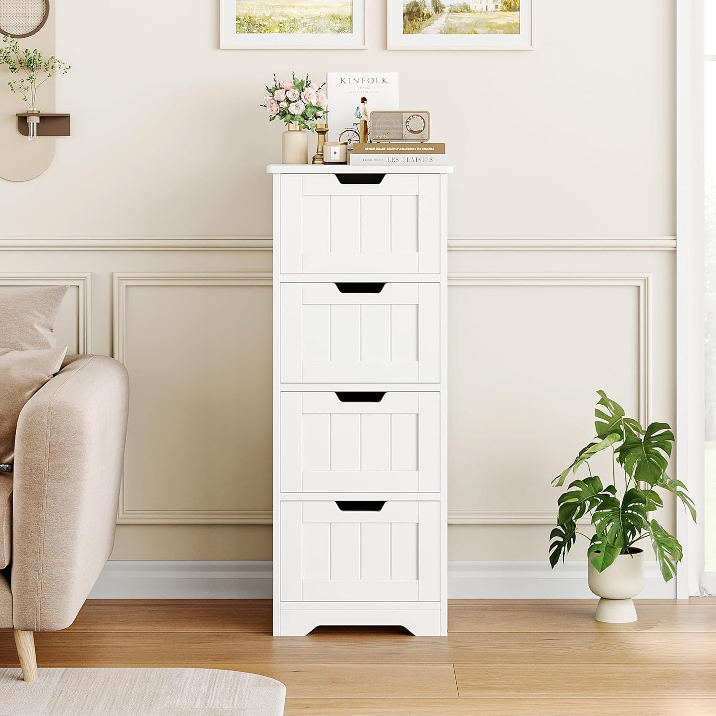 FOTOSOK Bathroom Storage Cabinet, Bathroom Cabinet with 4 Drawers, 11.8” x 11.8” x 32.5” Freestanding Entryway Cupboard Storage Organizer Unit Home Furniture Decor, White